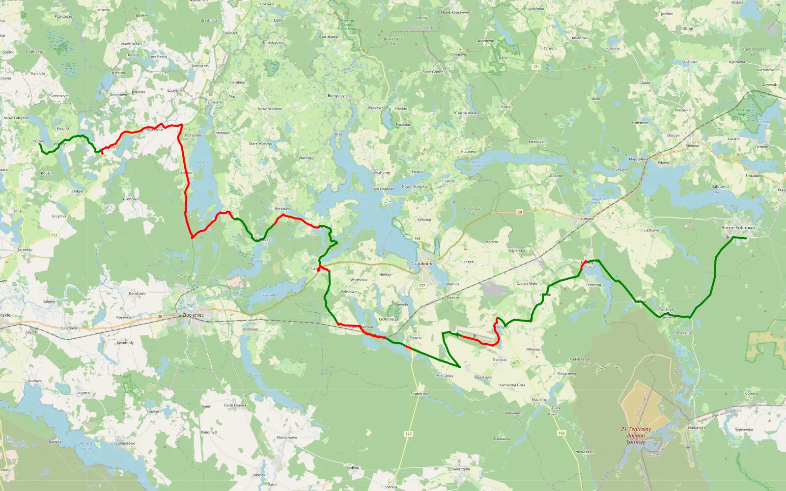 Map of Borne Sulinowo - Tęczyn - 70.9 km offroad trail, Drawsko County