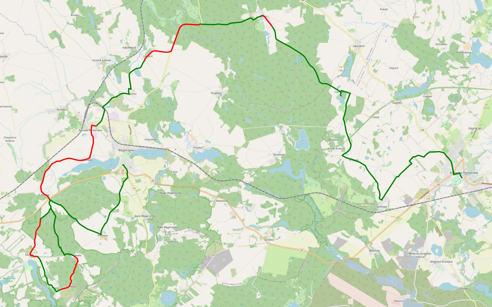 Map of POMORZE ZACHODNIE - trasa Drawsko Pomorskie - Węgorzyno - 39 km offroad trail, Łobez County