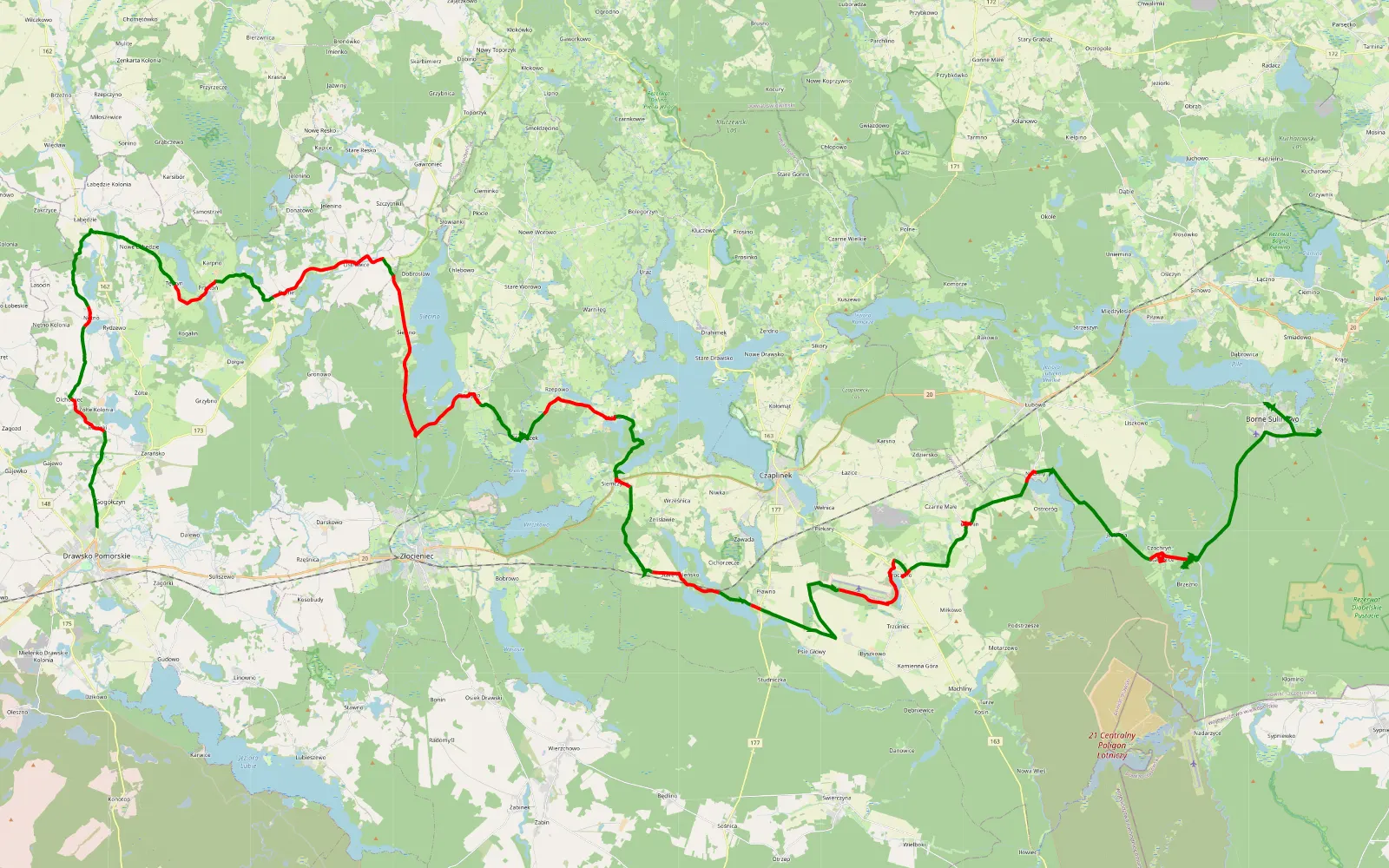 Map of LCAC, POJEZIERZE DRAWSKIE. trasa z Drawska Pomorskiego do Bornego Sulinowa - 96.8 km offroad trail, Drawsko County
