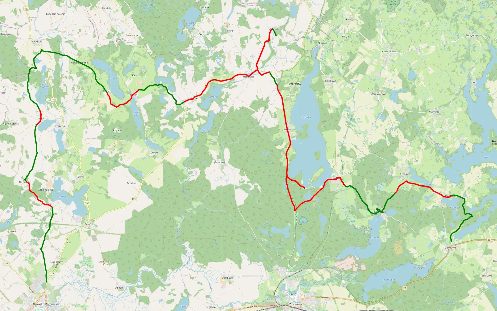 Mapa trasy Drawsko Pomorskie - Siemczyno - 60.7 km trasy offroad, Powiat Drawski