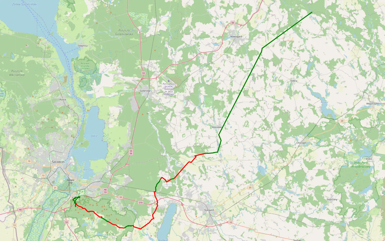 Map of Podjuchy - Warchlinko Tag 1 - 47.5 km offroad trail, Stargard County