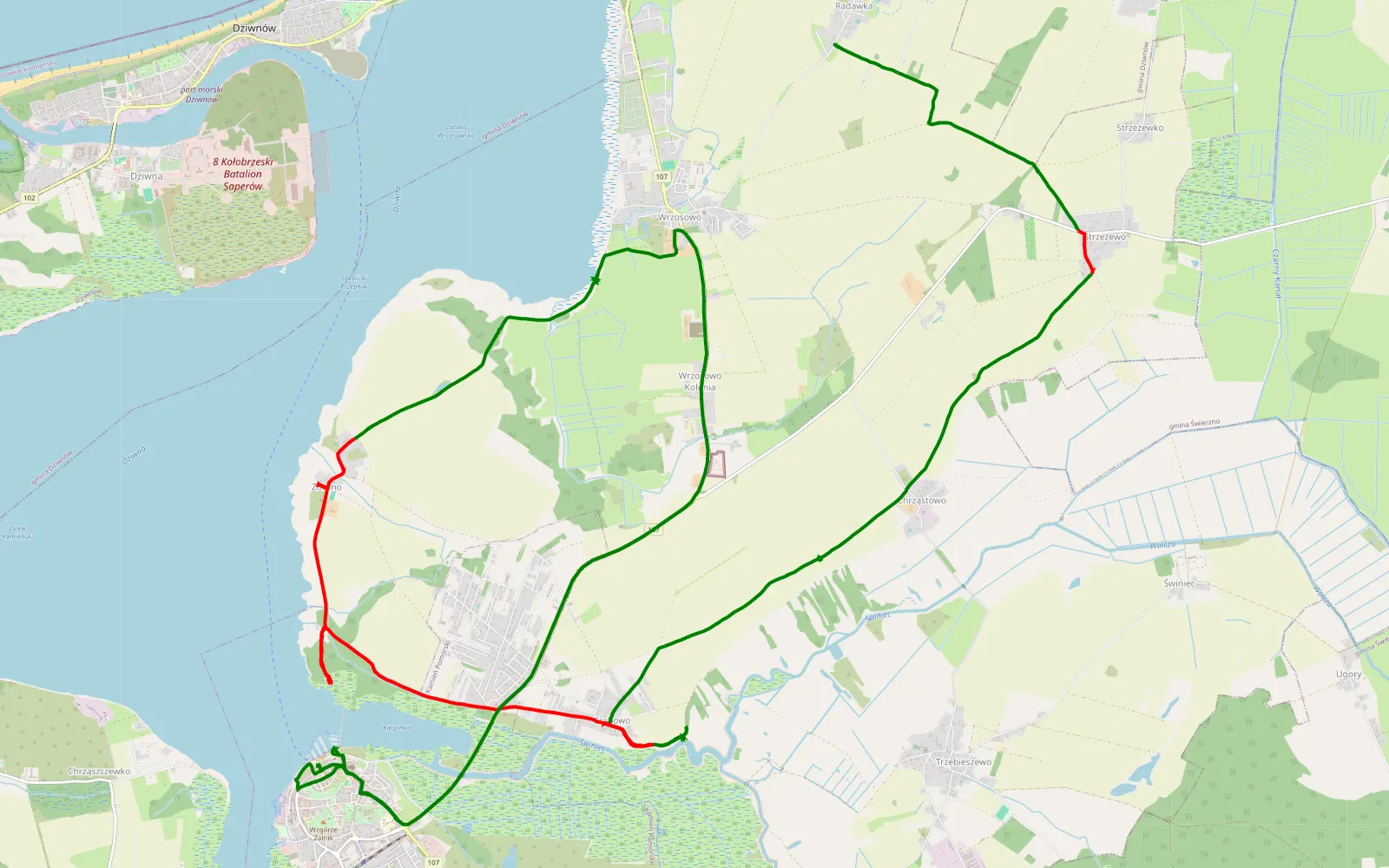 Mapa trasy Kamień Pomorski i okolice. - 19.4 km trasy offroad, Powiat Kamieński