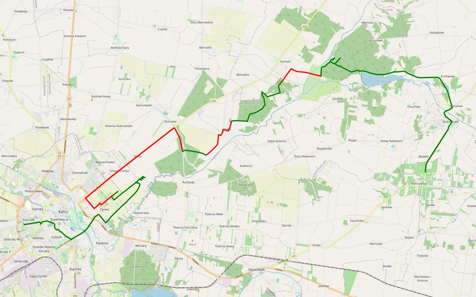 Mapa trasy Dobrzec Wielki - Pietrzyków - 28.2 km trasy offroad, Powiat Kaliski