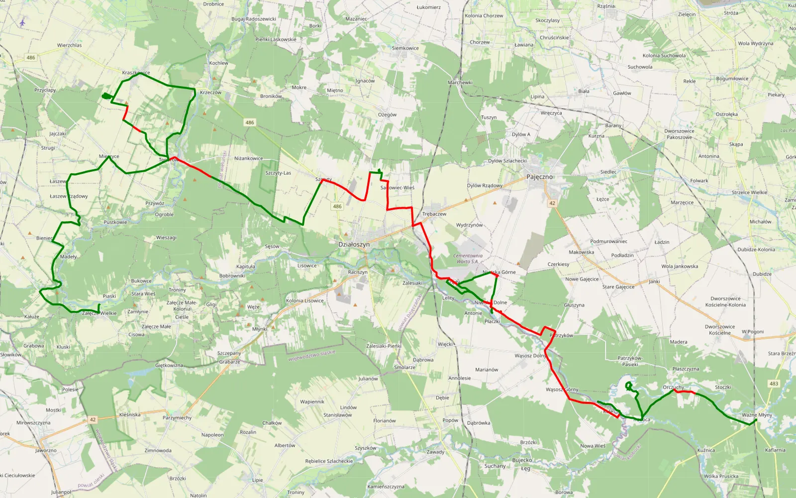Map of Topienie Marzanny azymut 4x4 - 68 km offroad trail, Pajęczno County