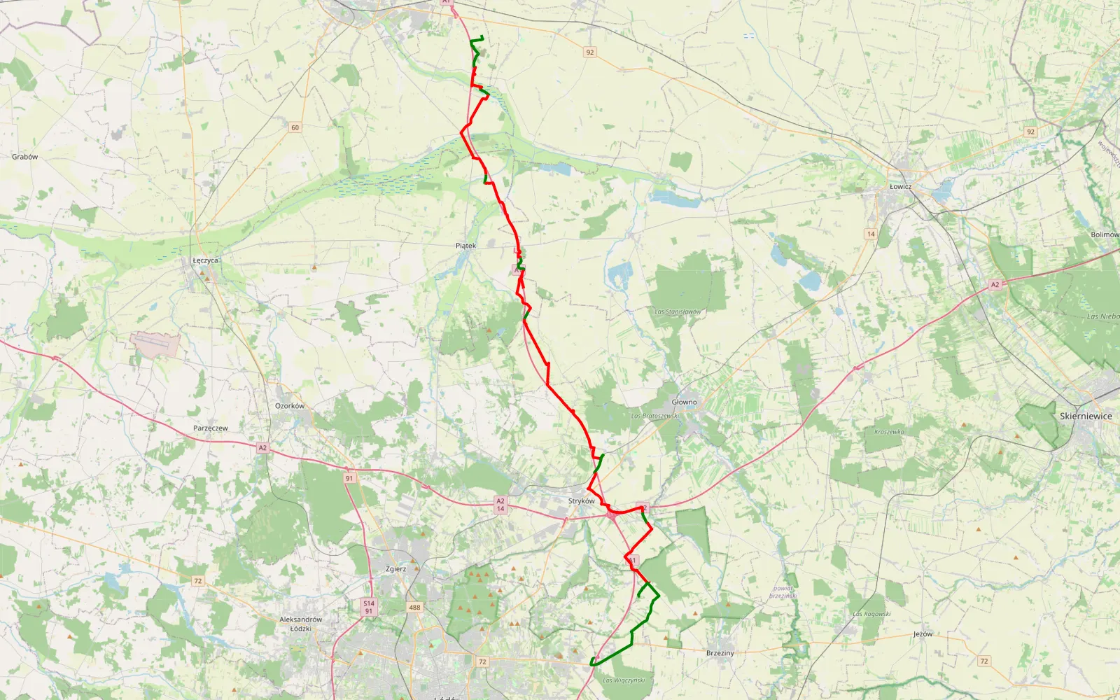 Mapa trasy Julianów - Natolin - 58.7 km trasy offroad, Powiat Zgierski