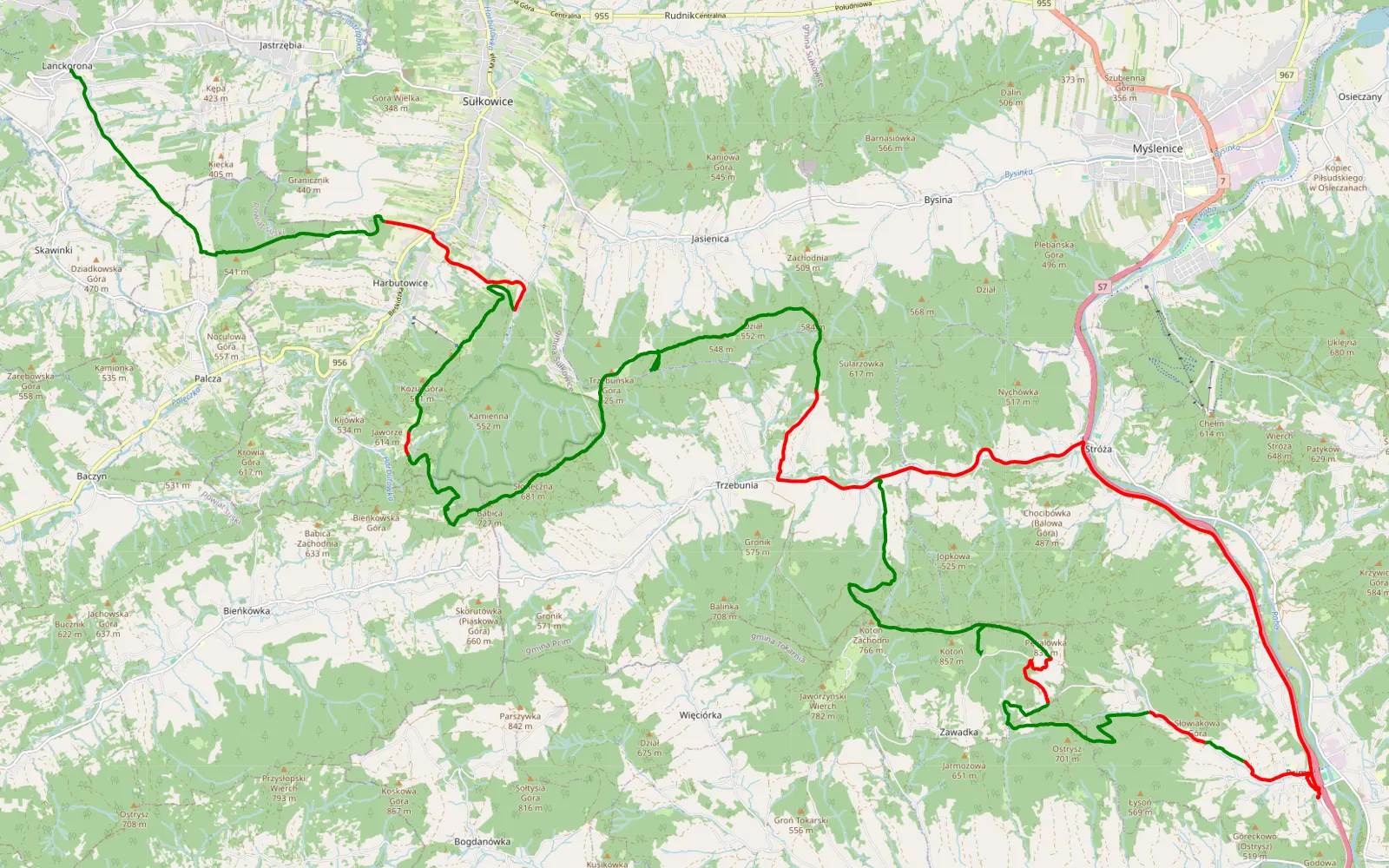 Mapa trasy Lanckorona - Jordanów - 52.5 km trasy offroad, Powiat Myślenicki