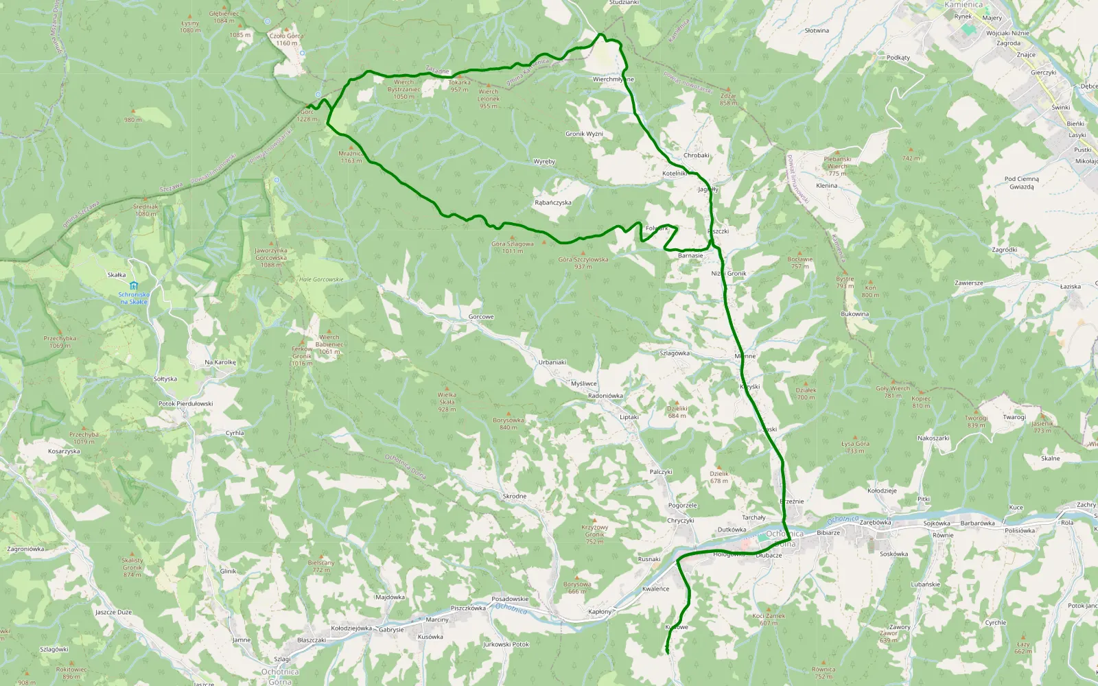 Map of Przełęcz Wierch Młynne and Gorc from Ochotnica Dolna przygody Kj - 8.2 km offroad trail, Nowy Targ County
