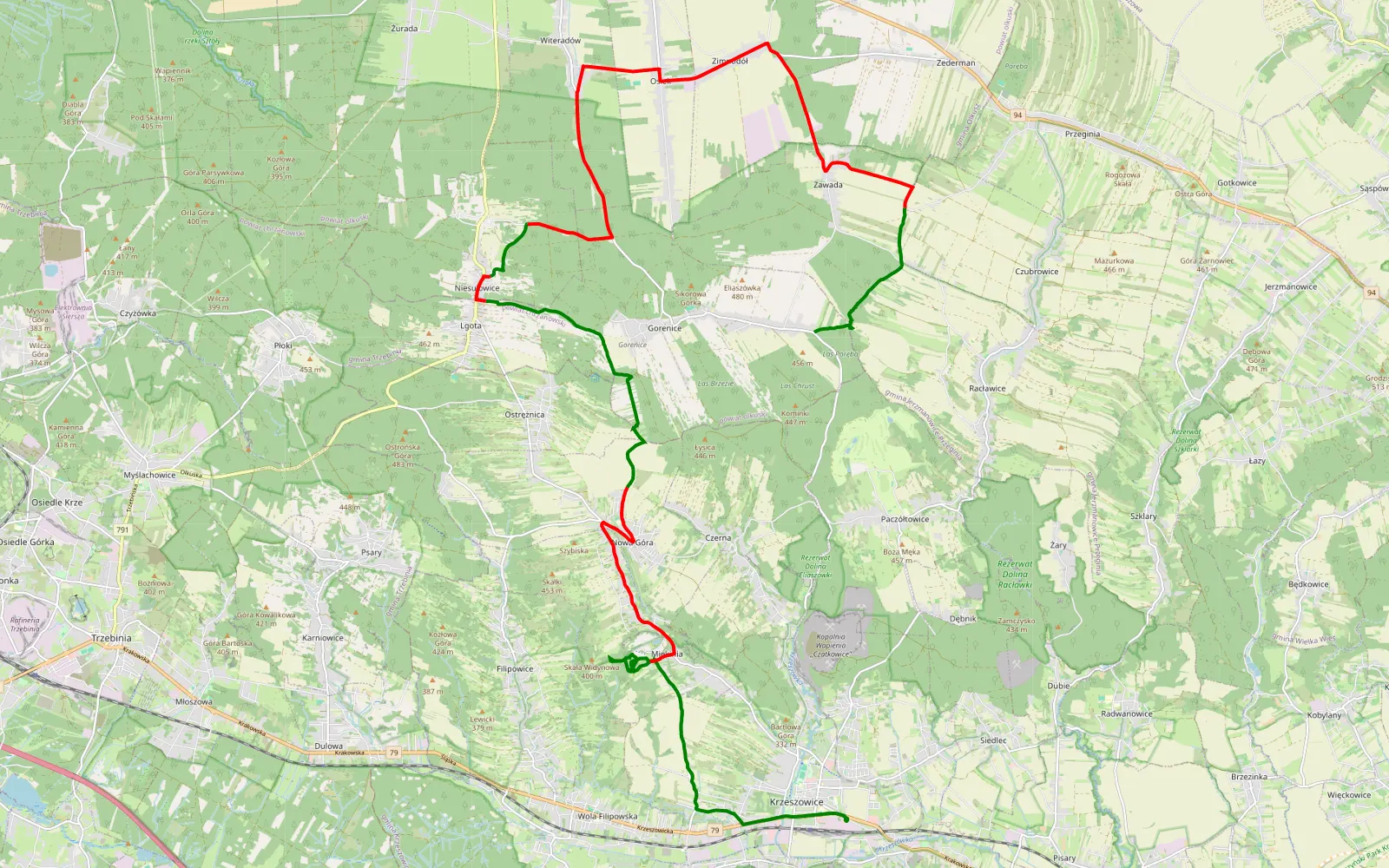 Map of Krzeszowice - Gorenice - 29.8 km offroad trail, Olkusz County