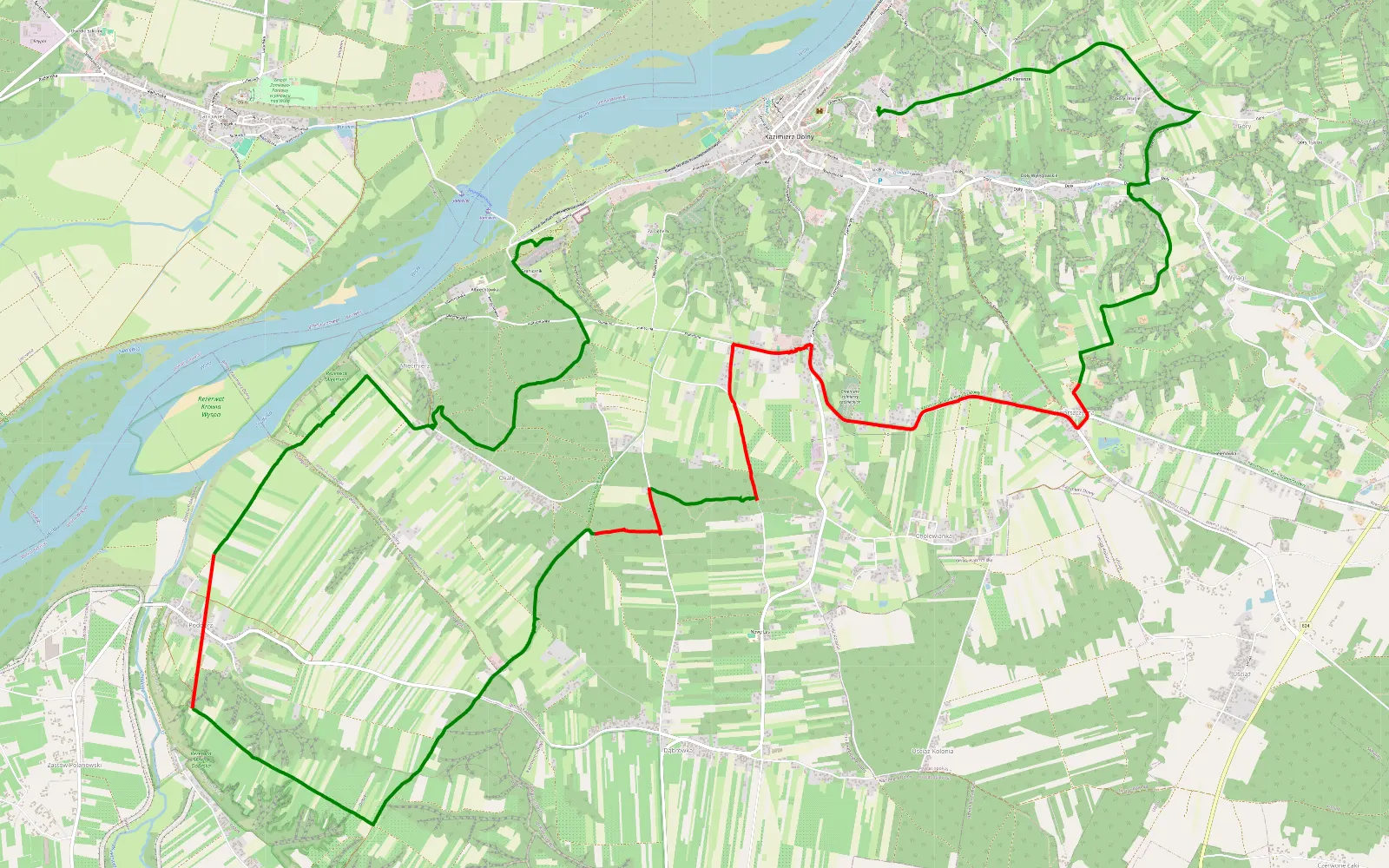 Mapa trasy Kazimierz Dolny - Męcmierz - 17 km trasy offroad, Powiat Puławski