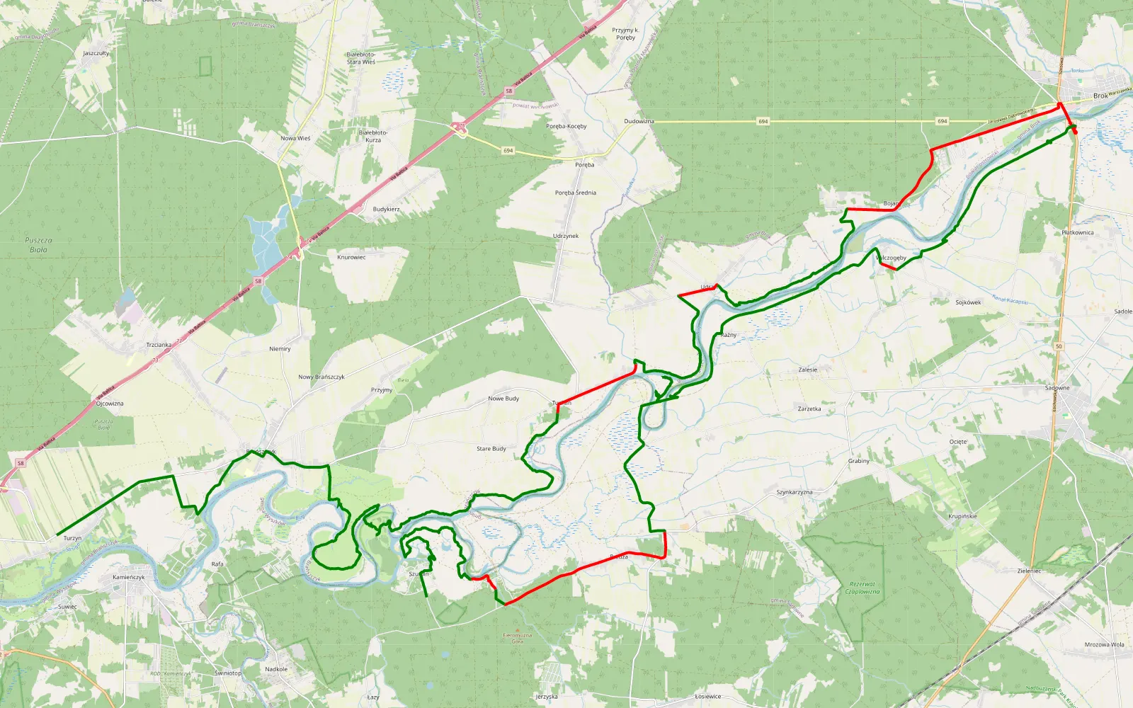 Mapa trasy Turzyn - Brok - 63.7 km trasy offroad, Powiat Węgrowski
