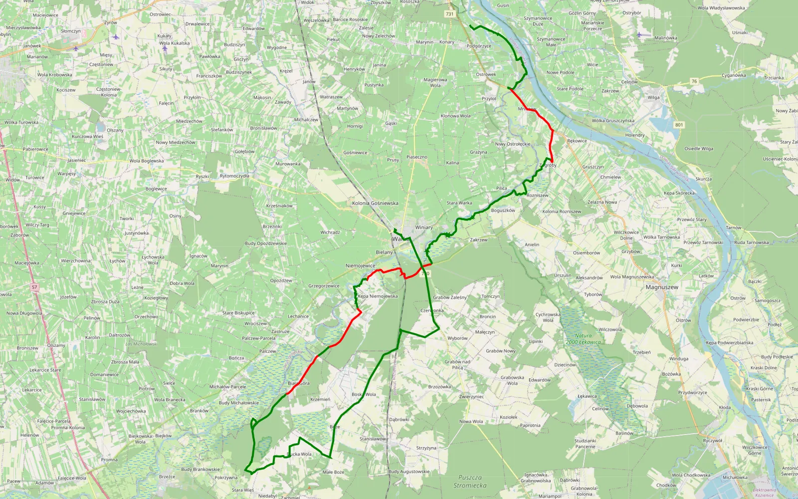 Map of Podgórzyce - Warka - 47 km offroad trail, Kozienice County