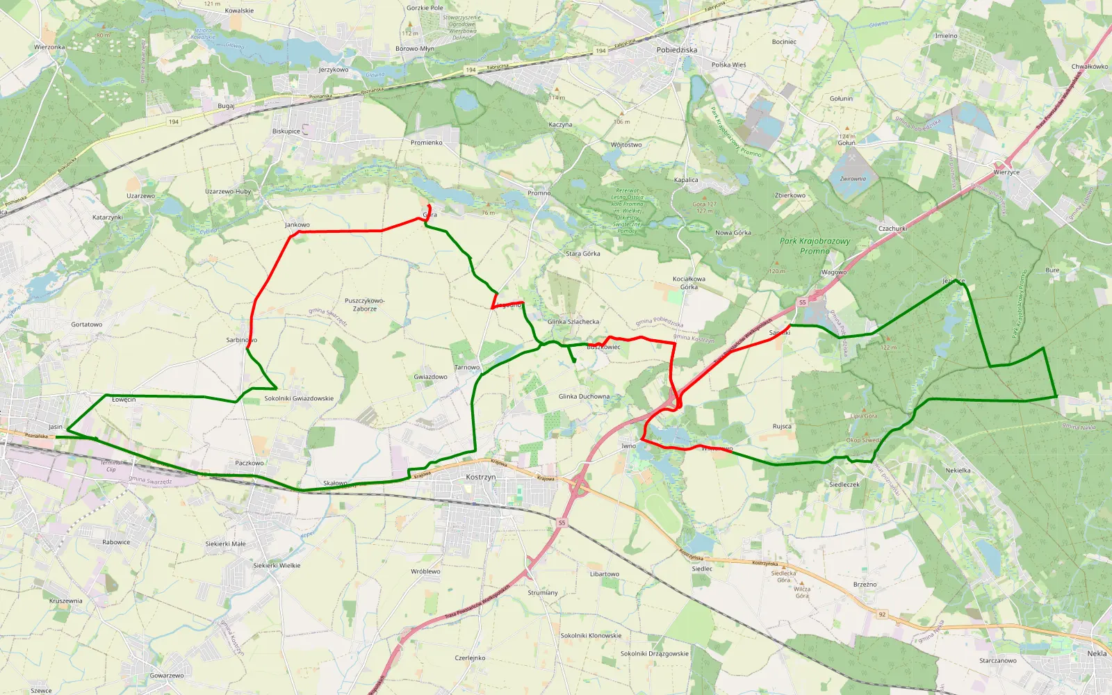 Map of Jasin - Swarzędz - 45.4 km offroad trail, Poznań County