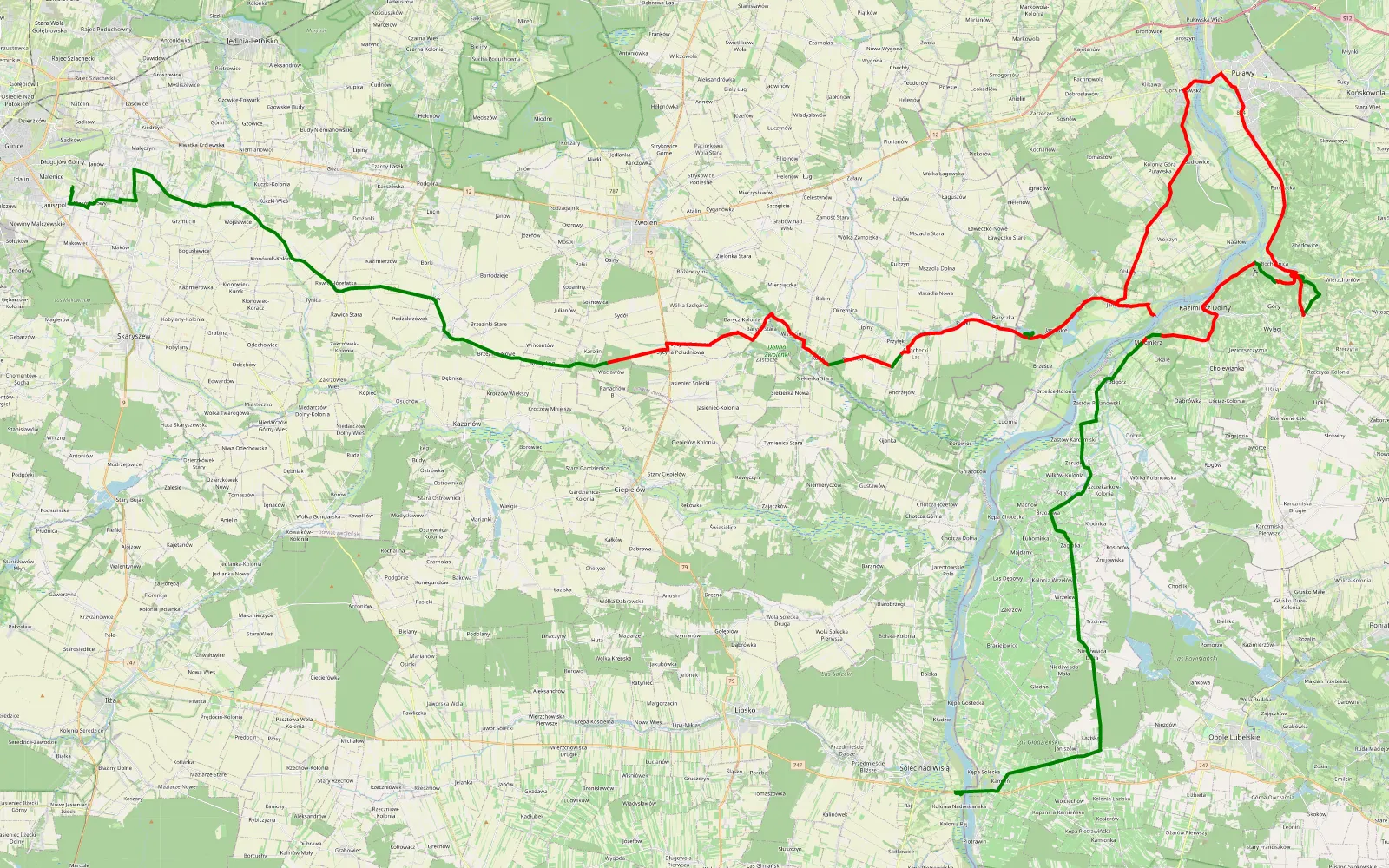 Mapa trasy Malenice - Męcmierz - 76.4 km trasy offroad, Powiat Puławski