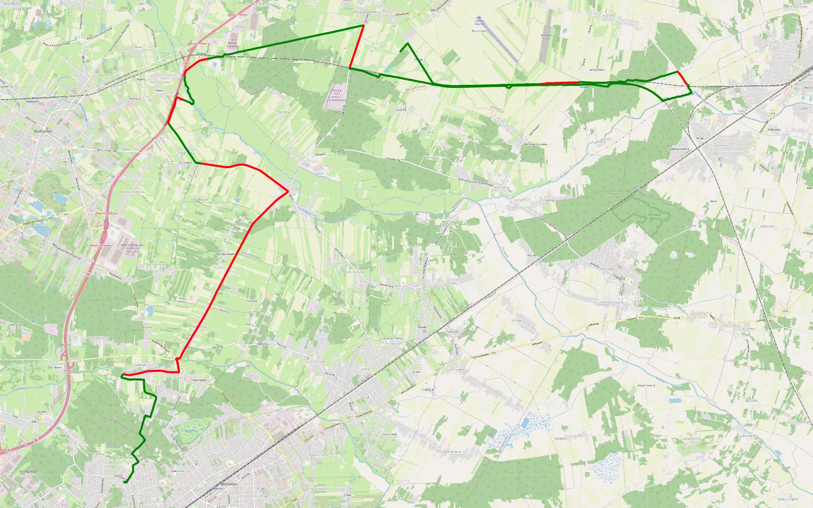 Mapa trasy Pokoje - Ulasek - 33.4 km trasy offroad, Powiat Wołomiński