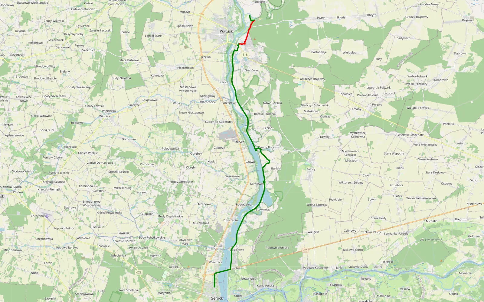 Mapa trasy Serock - Ponikiew - 23.6 km trasy offroad, Powiat Pułtuski