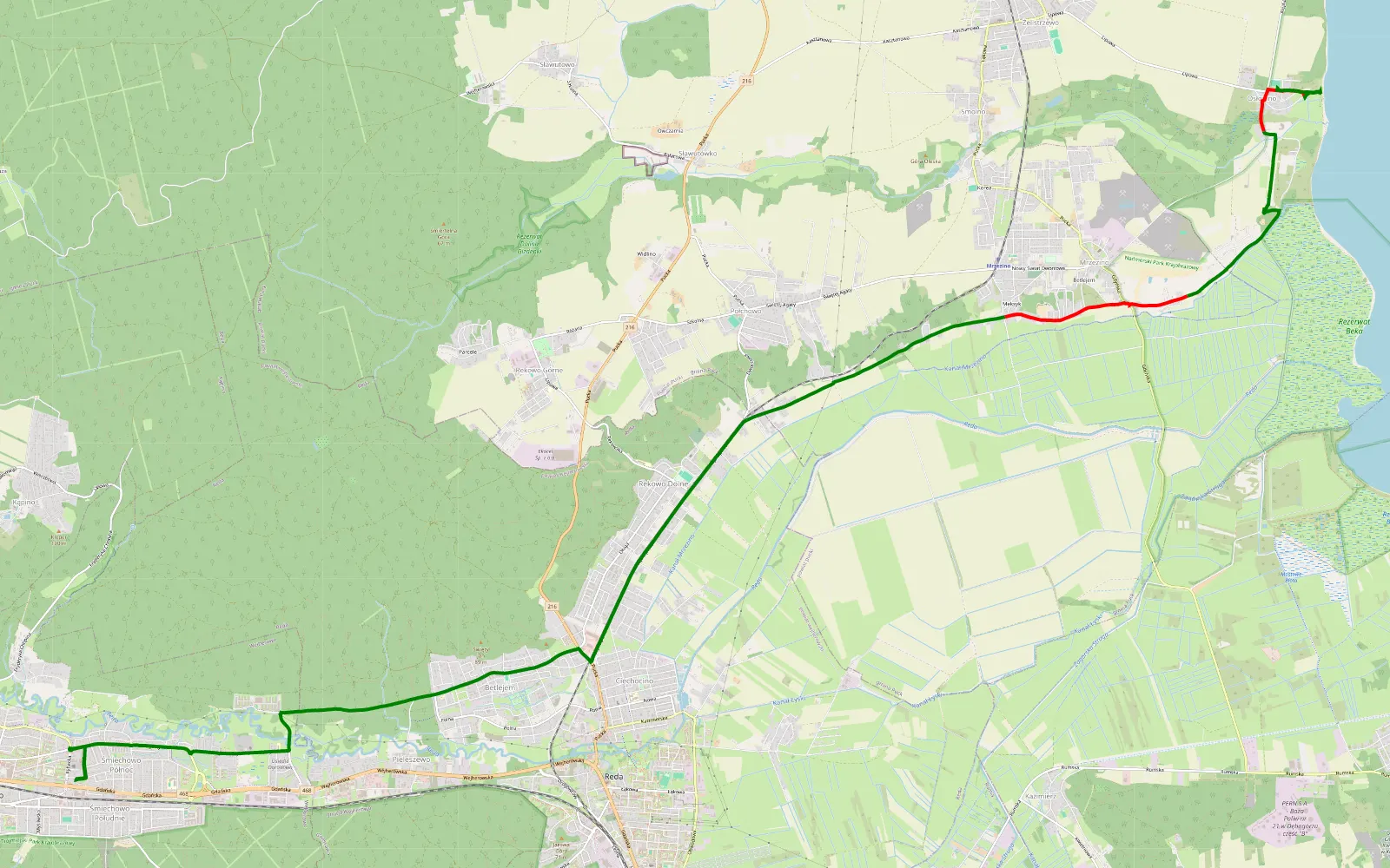 Map of Naniec - Osłonino - 8.9 km offroad trail, Puck County