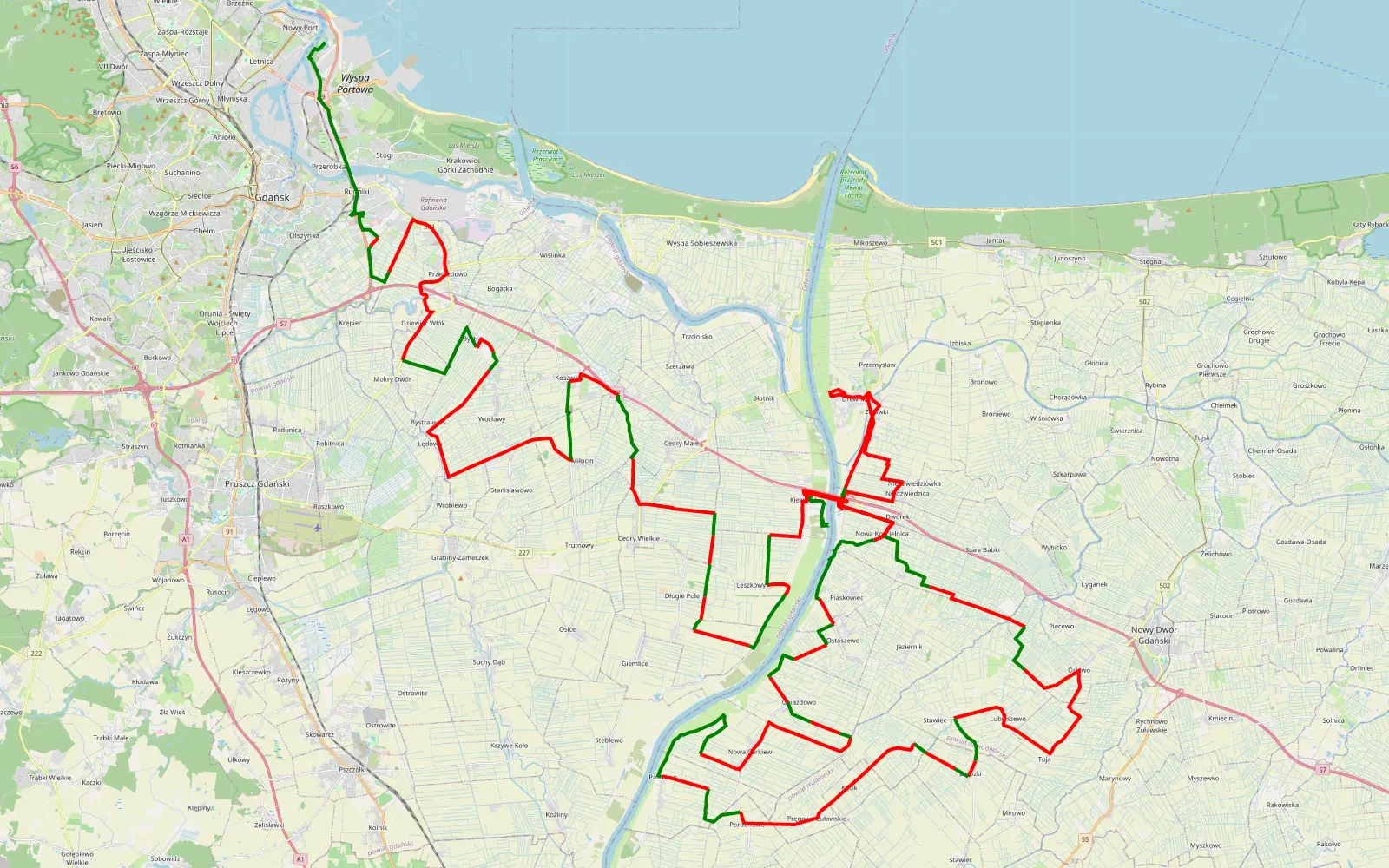 Mapa trasy Wisłoujście - Stróża - 137 km trasy offroad, Powiat Nowodworski