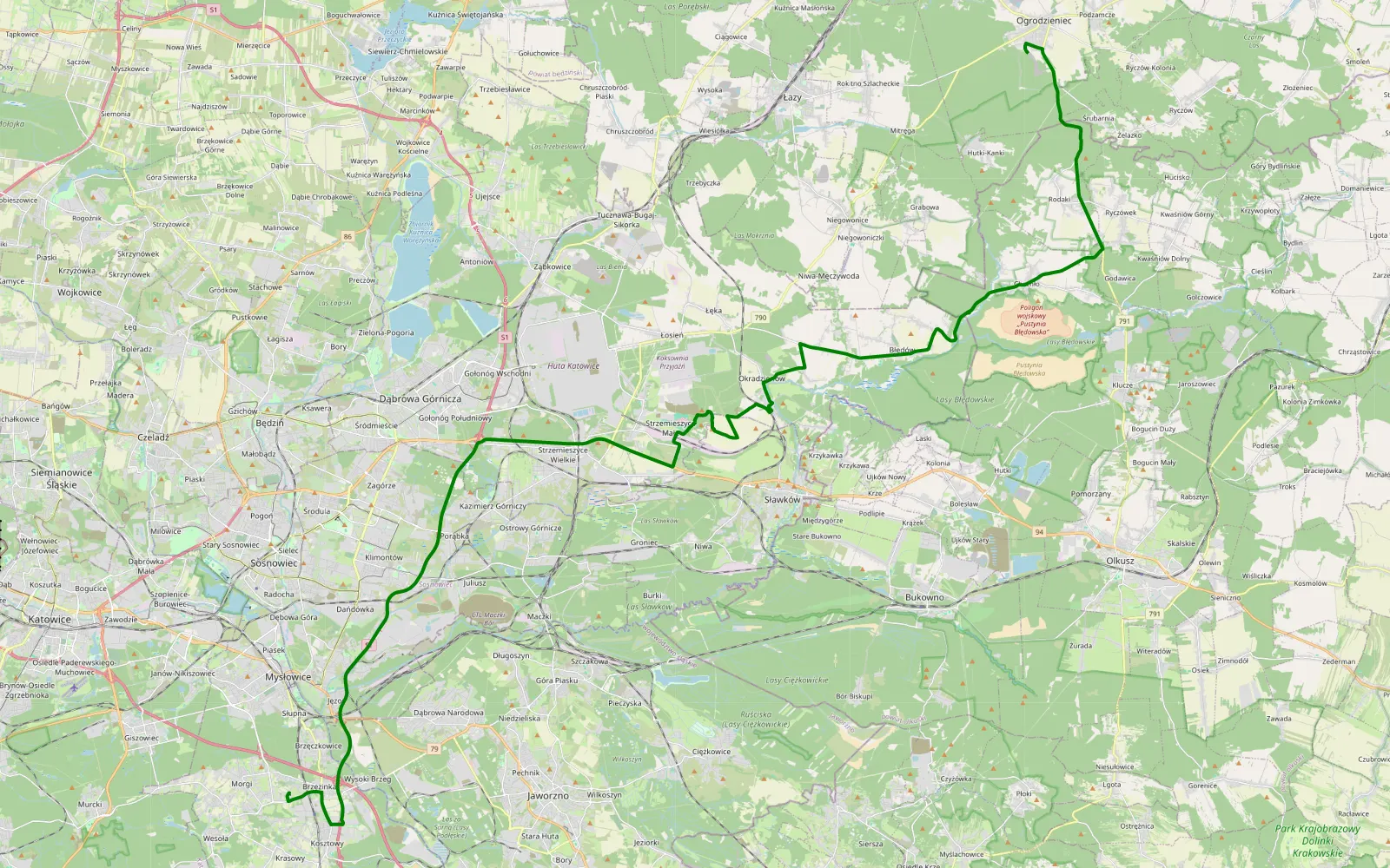 Mapa trasy Brzezinka - Ogrodzieniec - 5.1 km trasy offroad, Dąbrowa Górnicza