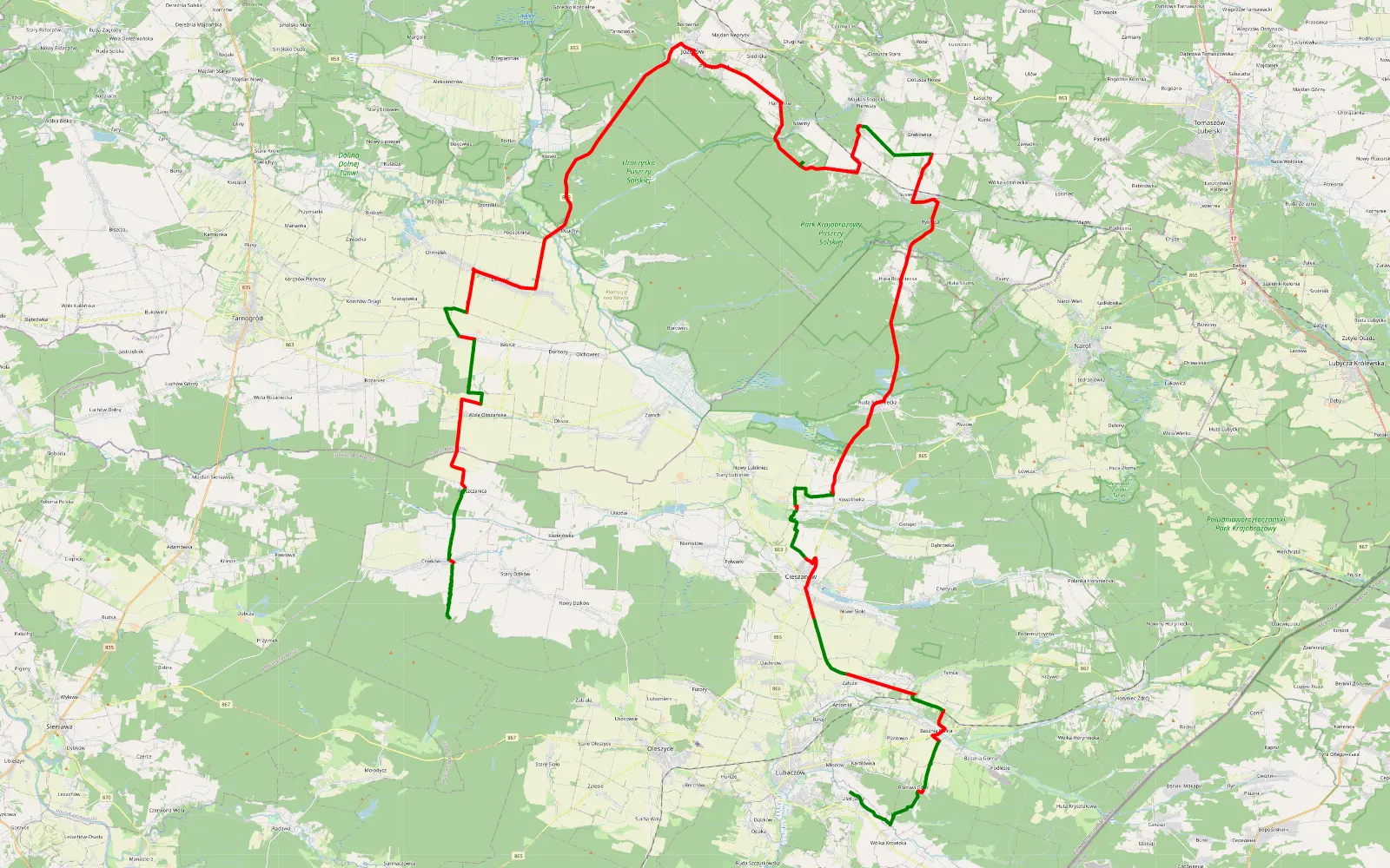 Map of Lubaczów - Sieniawa - 112.5 km offroad trail, Lubaczów County