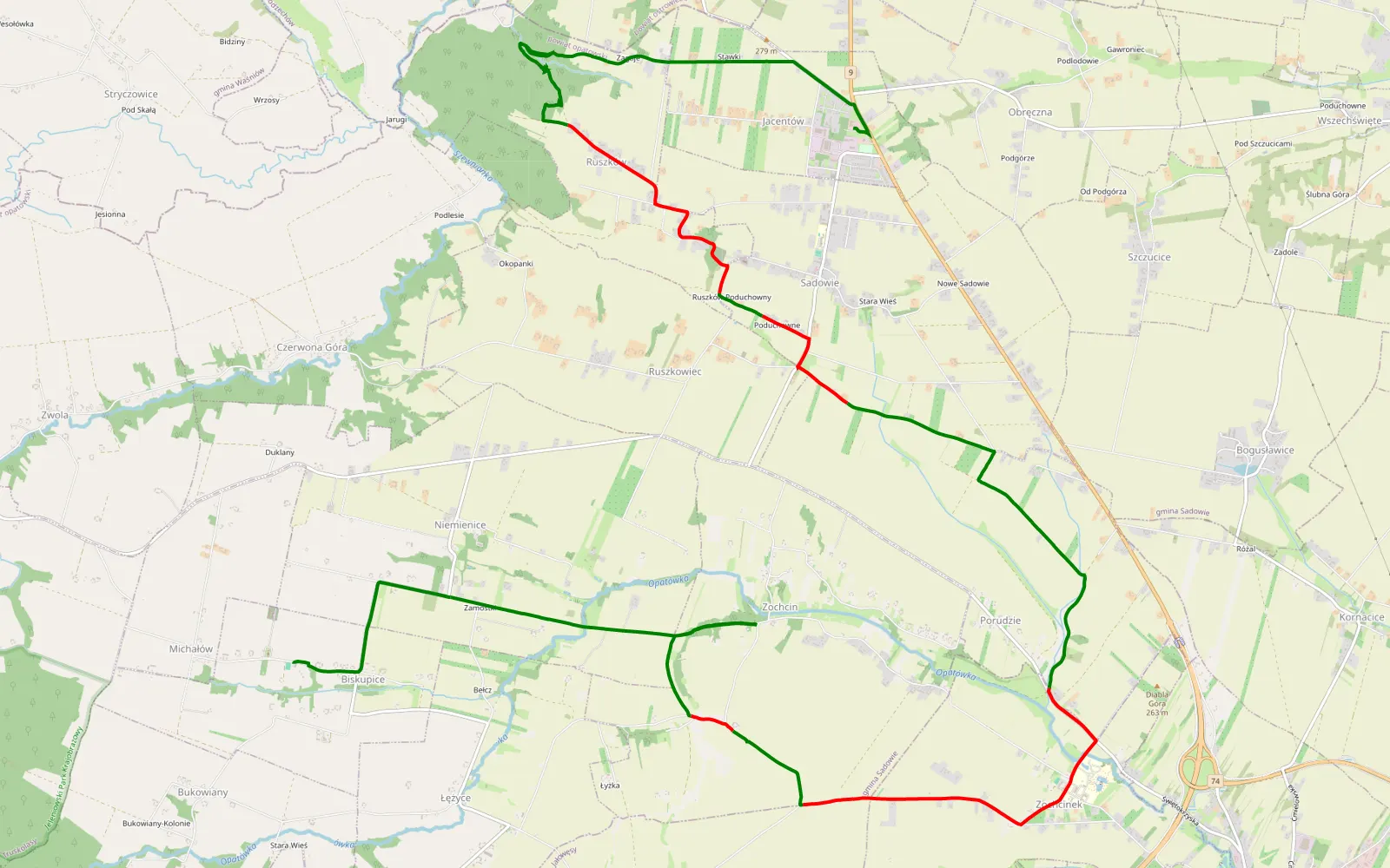 Map of Biskiupice - Obreczna - 18.5 km offroad trail, Opatów County