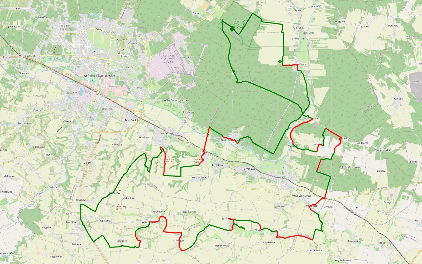Map of Obreczna - 76.9 km offroad trail, Ostrowiec County