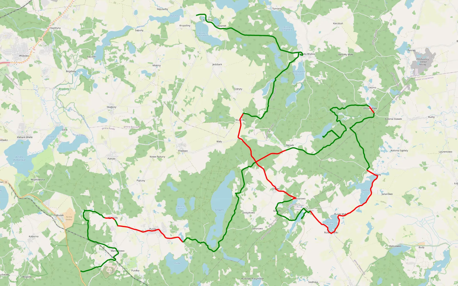 Mapa trasy Barczewo-Marcinkowo - 55.6 km trasy offroad, Powiat Olsztyński