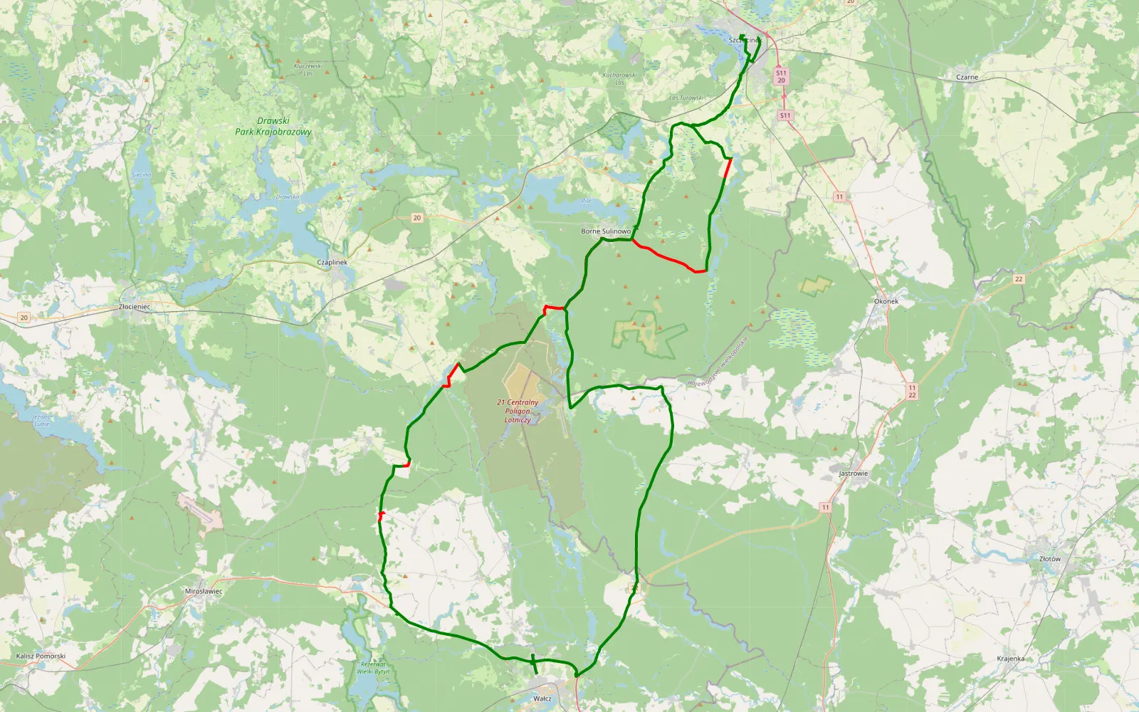 Map of Szczecinek-Jabłonowo-Wałcz-Szczecinek - 55.8 km offroad trail, Szczecinek County