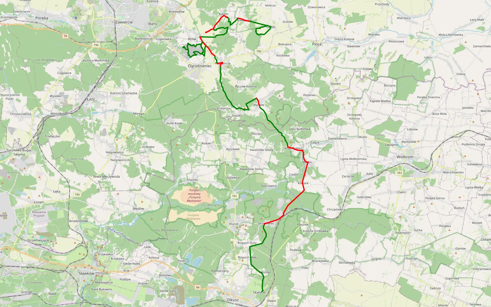 Mapa trasy Skalskie - Giebło - 54.2 km trasy offroad, Powiat Zawierciański