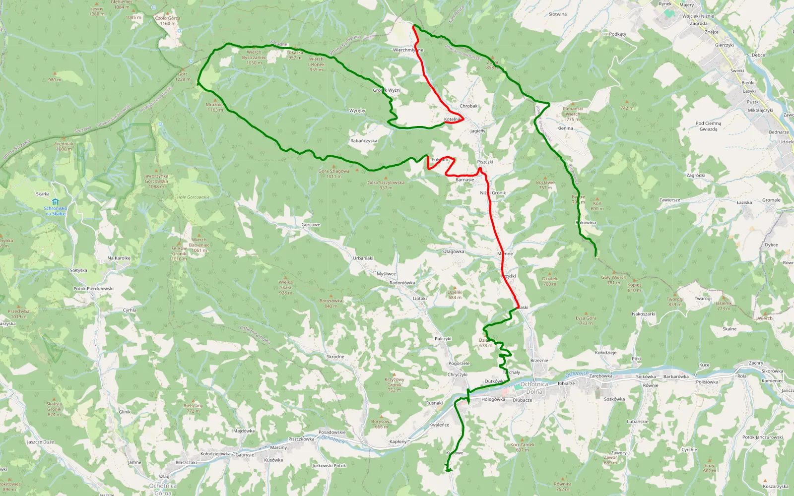 Mapa trasy Ochotnica Dolna - 18.2 km trasy offroad, Powiat Nowotarski