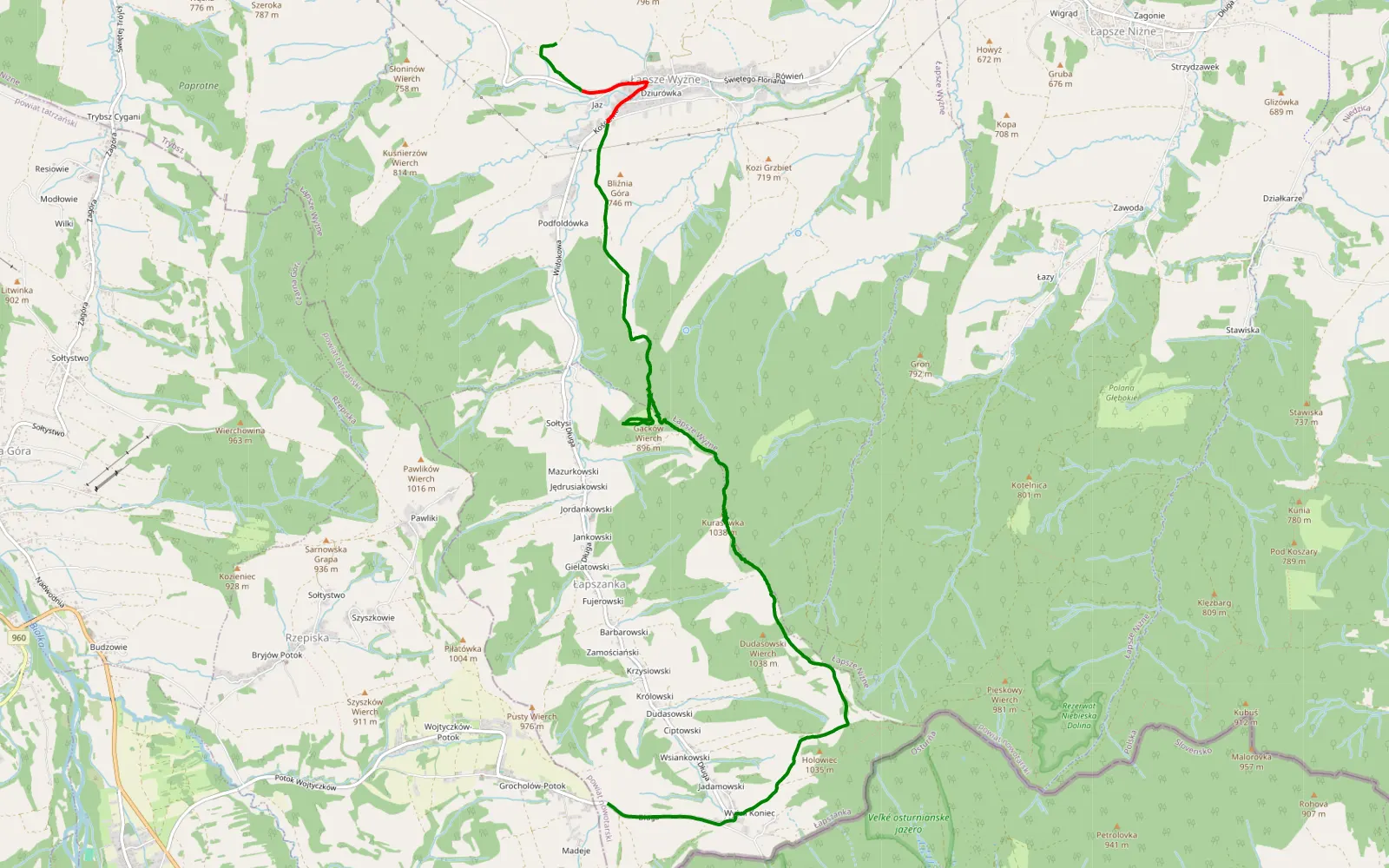 Mapa trasy Łapsze Wyżne - Łapszanka - 9.6 km trasy offroad, Powiat Nowotarski