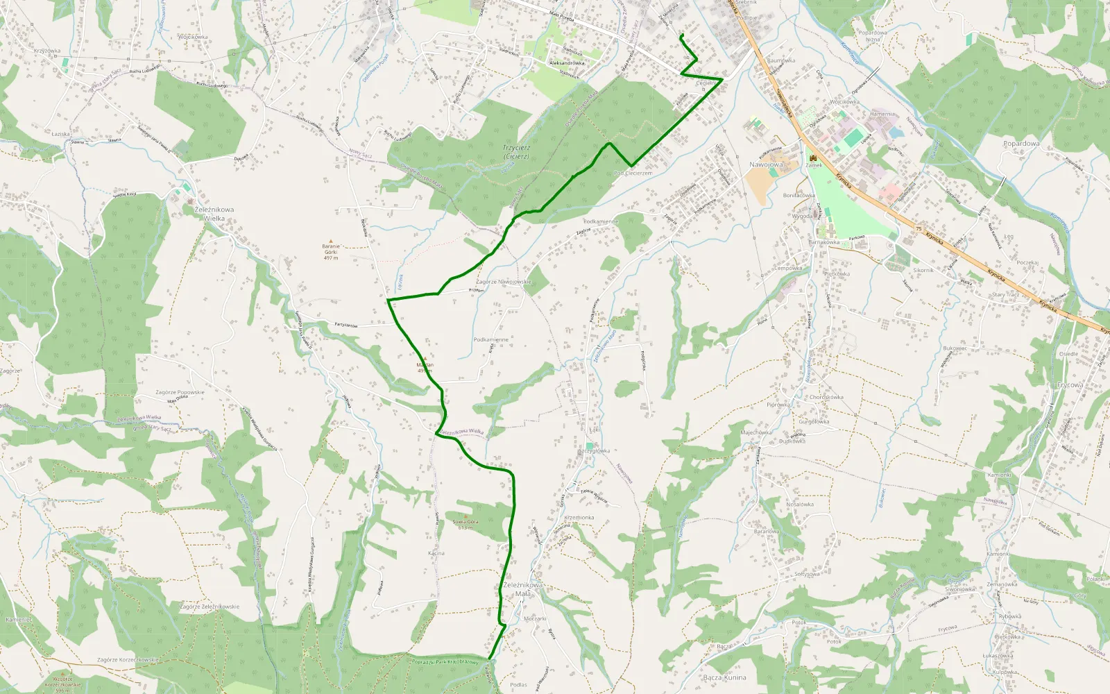 Mapa trasy Nawojowa - Bącza-Kunina - 1 km trasy offroad, Powiat Nowosądecki
