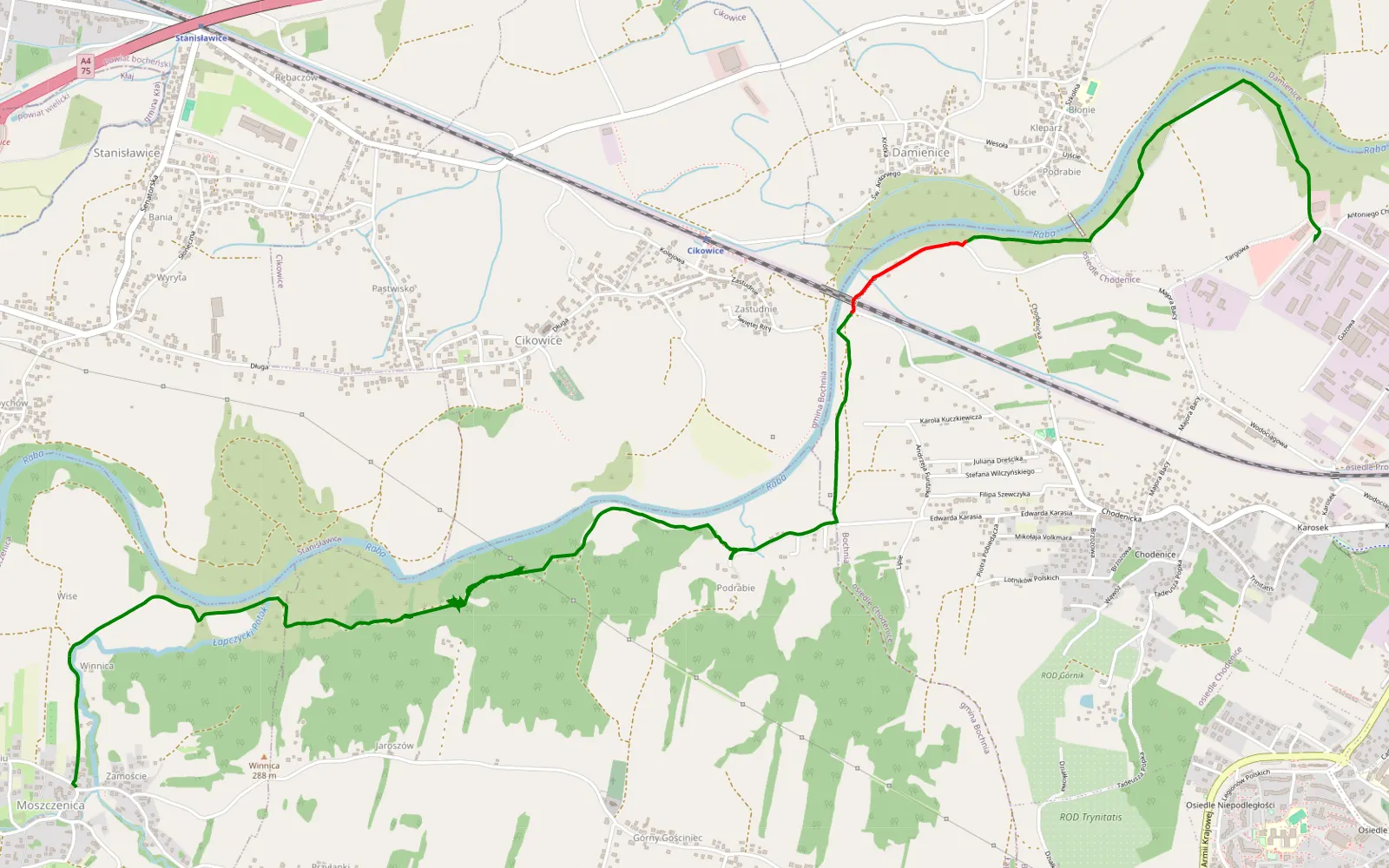Mapa trasy Chodenice - Moszczenica - 6.9 km trasy offroad, Powiat Bocheński