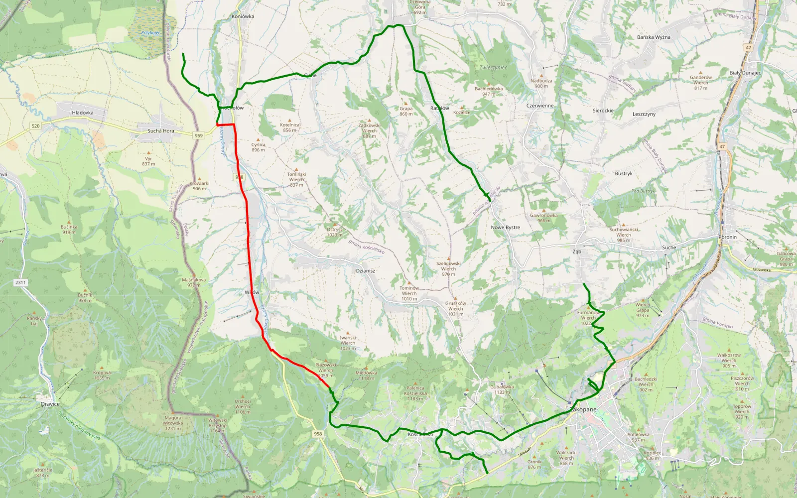 Map of Ligasówka - Nowe Bystre - 15 km offroad trail, Nowy Targ County