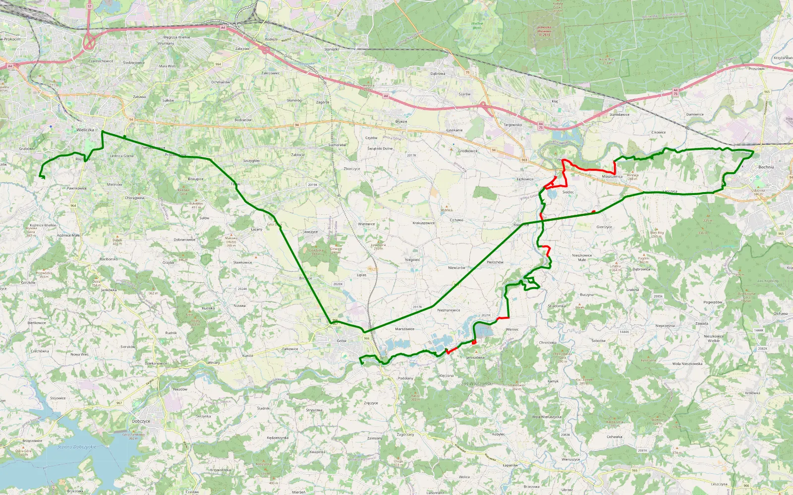 Mapa trasy Gdów - Siercza - 32.4 km trasy offroad, Powiat Wielicki