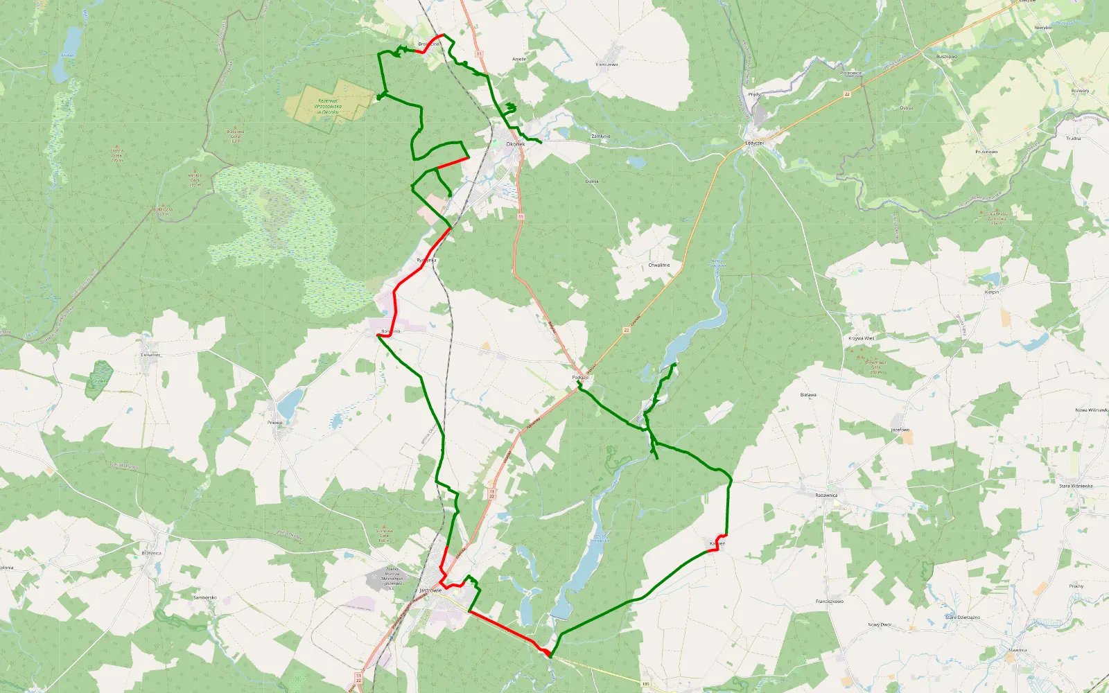 Map of Okonek - Podgaje - 55.8 km offroad trail, Złotów County