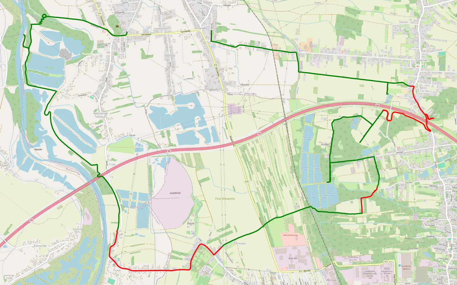 Mapa trasy Wychylówka - Górny Łęg - 22.3 km trasy offroad, Powiat Tarnowski