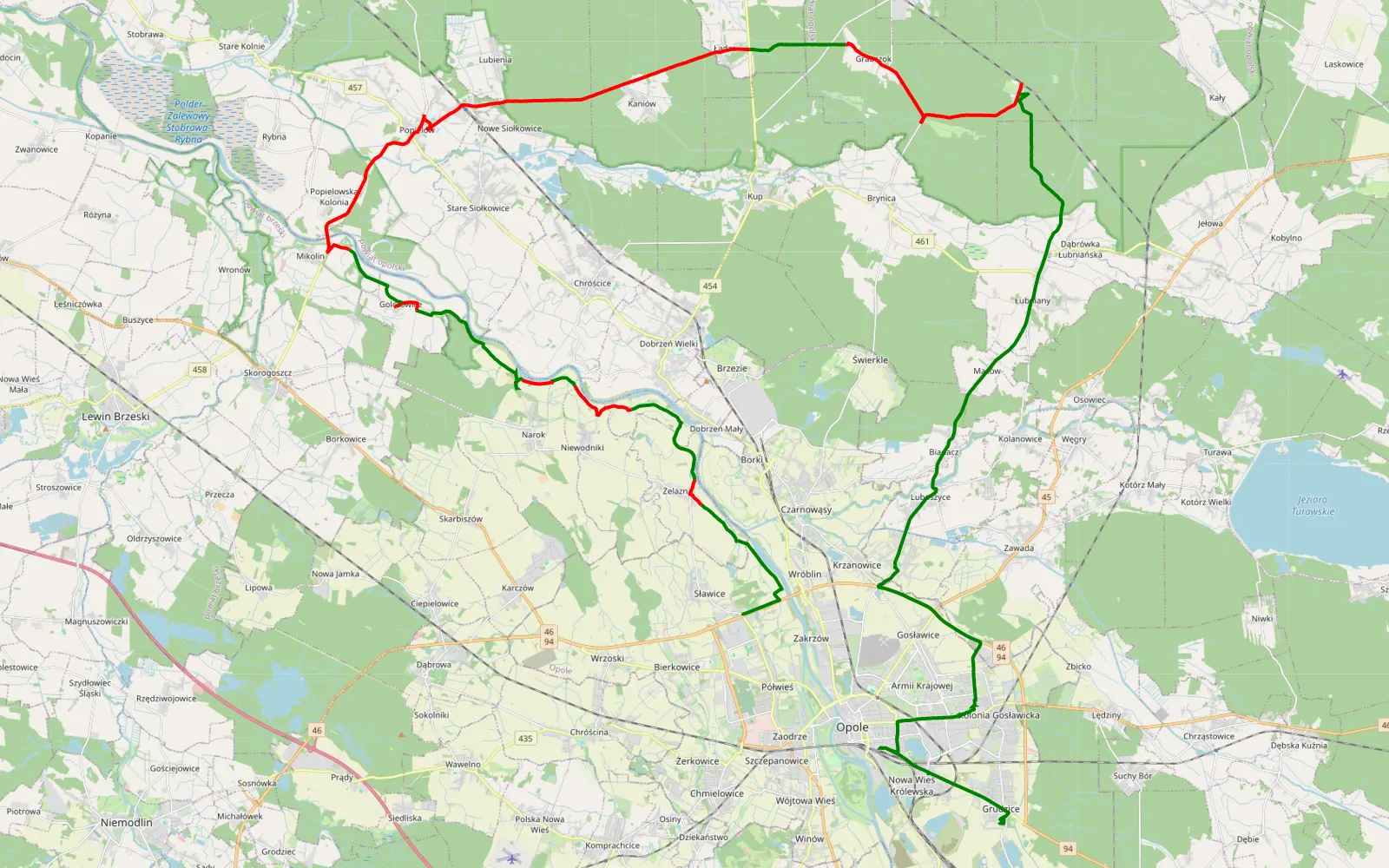 Mapa trasy Sławice - Grudzice - 48.9 km trasy offroad, Powiat Opolski