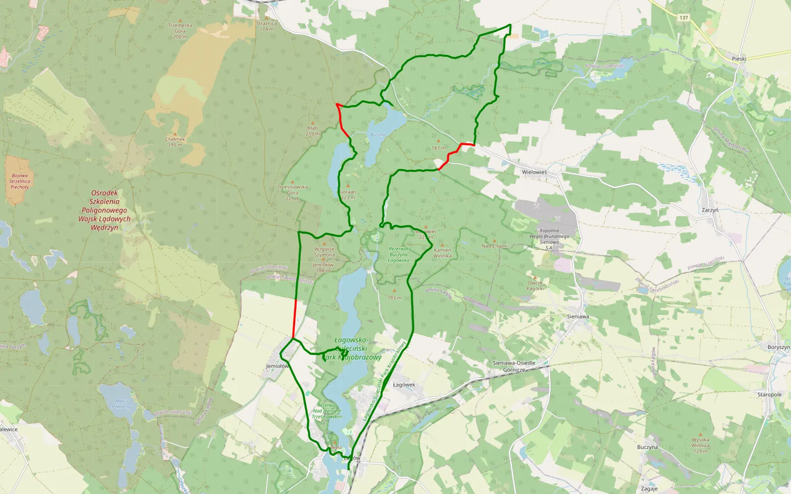 Mapa trasy Łagówek - 29.6 km trasy offroad, Powiat Sulęciński