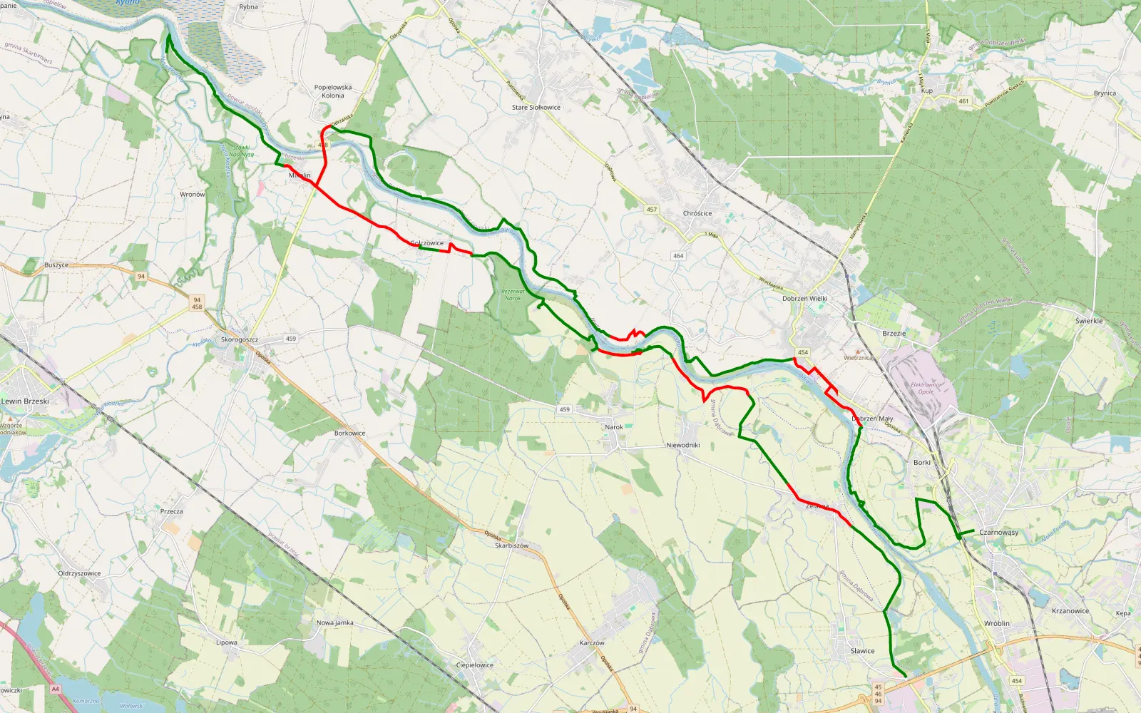 Map of Sławice - Czarnowąsy - 53.9 km offroad trail, Opole County