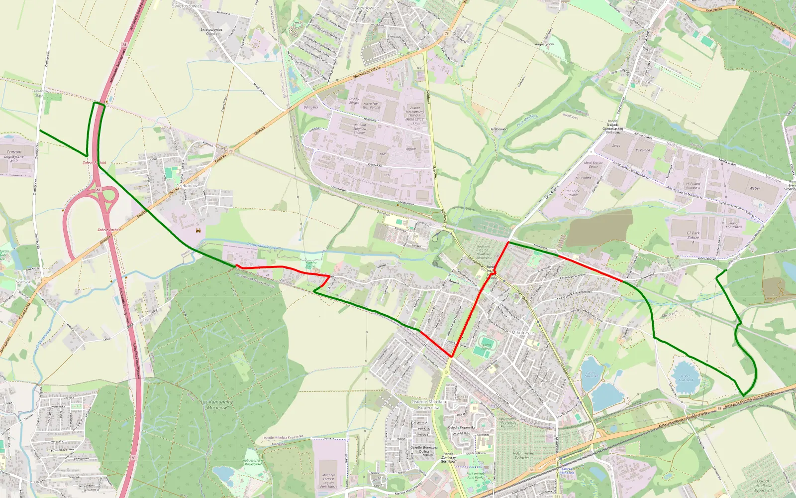 Map of Czekanów - Borzyków - 11.5 km offroad trail, Zabrze