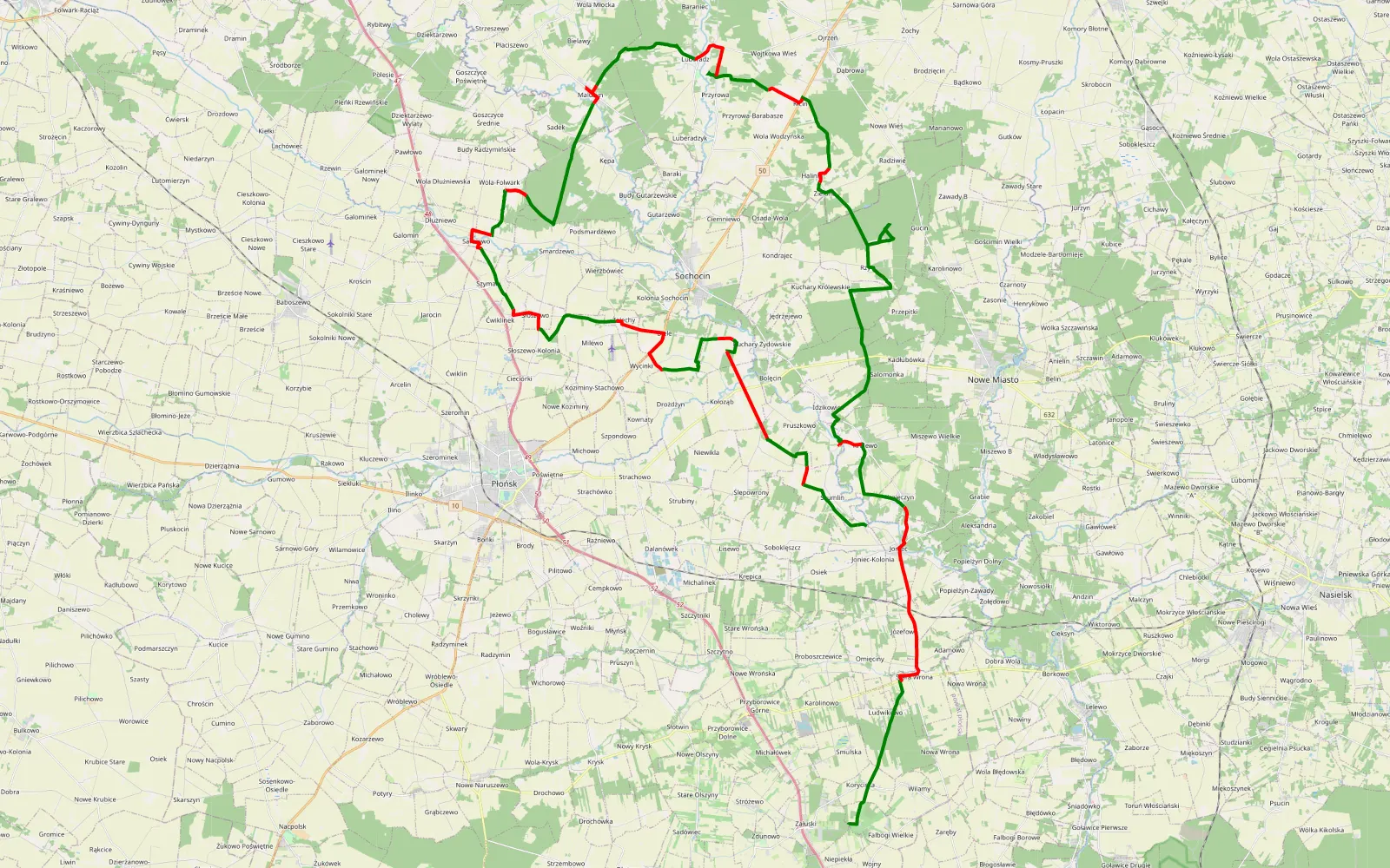 Mapa trasy Niepiekła - Królewo: SW26 - 84.6 km trasy offroad, Powiat Płoński