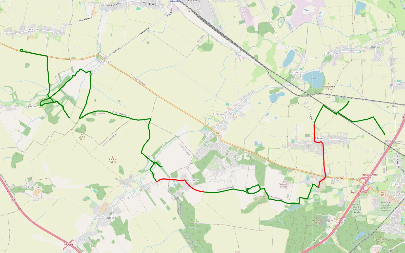 Map of Dobroszów - Ulesie - 22.4 km offroad trail, Legnica County