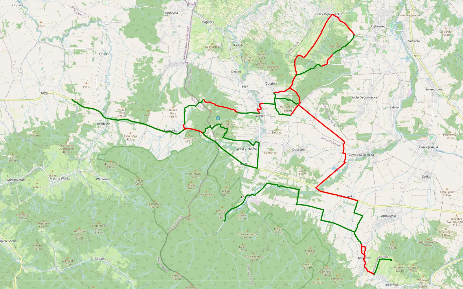 Map of Kryg - Folusz - 45.6 km offroad trail, Jasło County