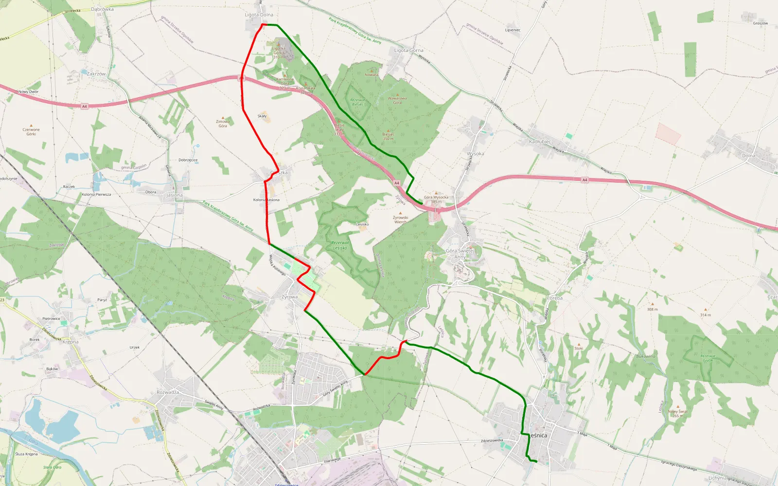 Mapa trasy Góra Świętej Anny - Leśnica - 14.2 km trasy offroad, Powiat Krapkowicki