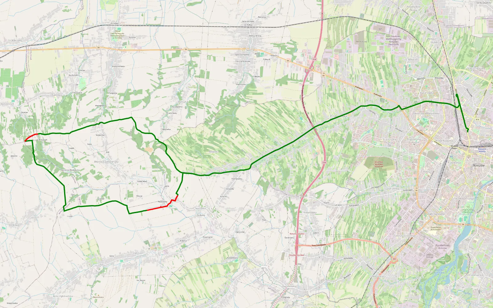 Mapa trasy Tysiąclecia - Bzianka - 14.7 km trasy offroad, Powiat Rzeszowski