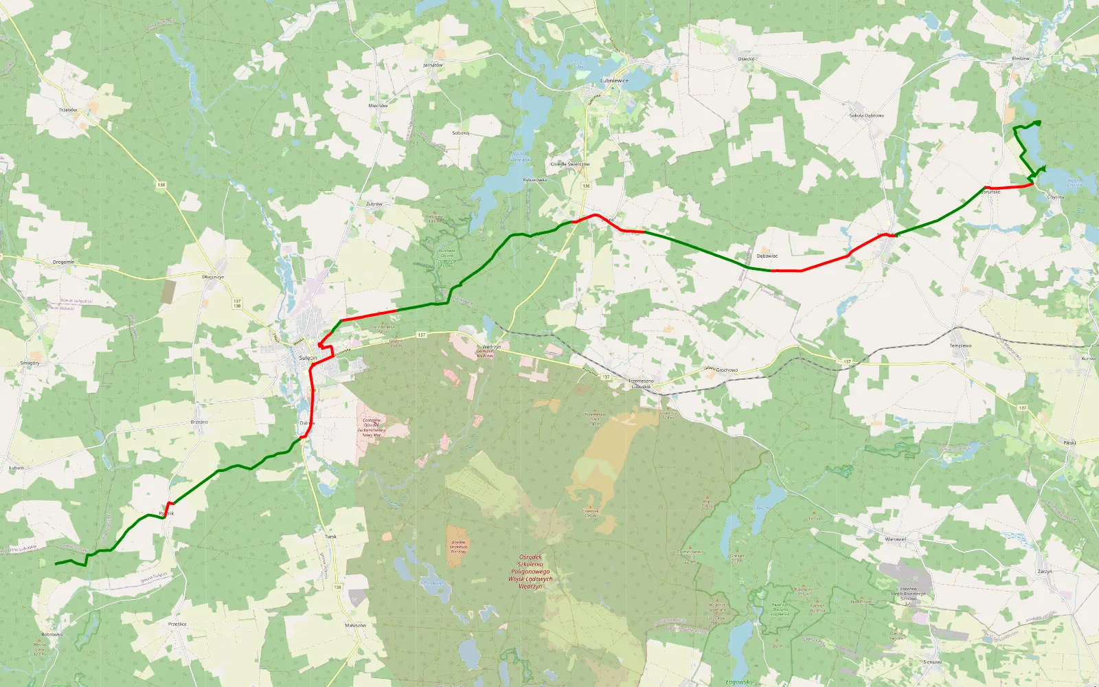 Mapa trasy Bobrówko - Bledzew - 39.4 km trasy offroad, Powiat Sulęciński
