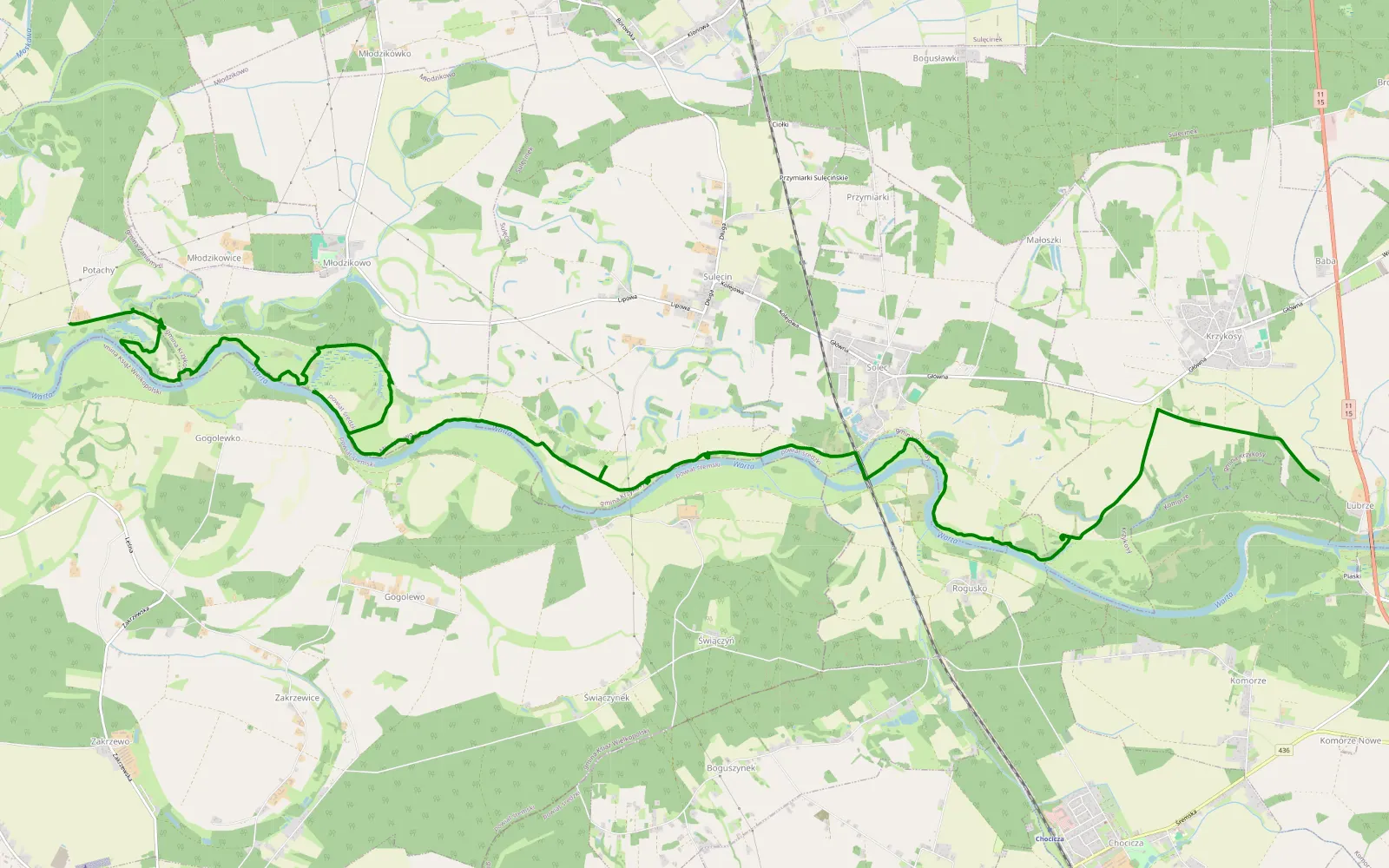 Map of Krzykosy - Gogolewko — 19.4 km offroad trail, Środa Wielkopolska County