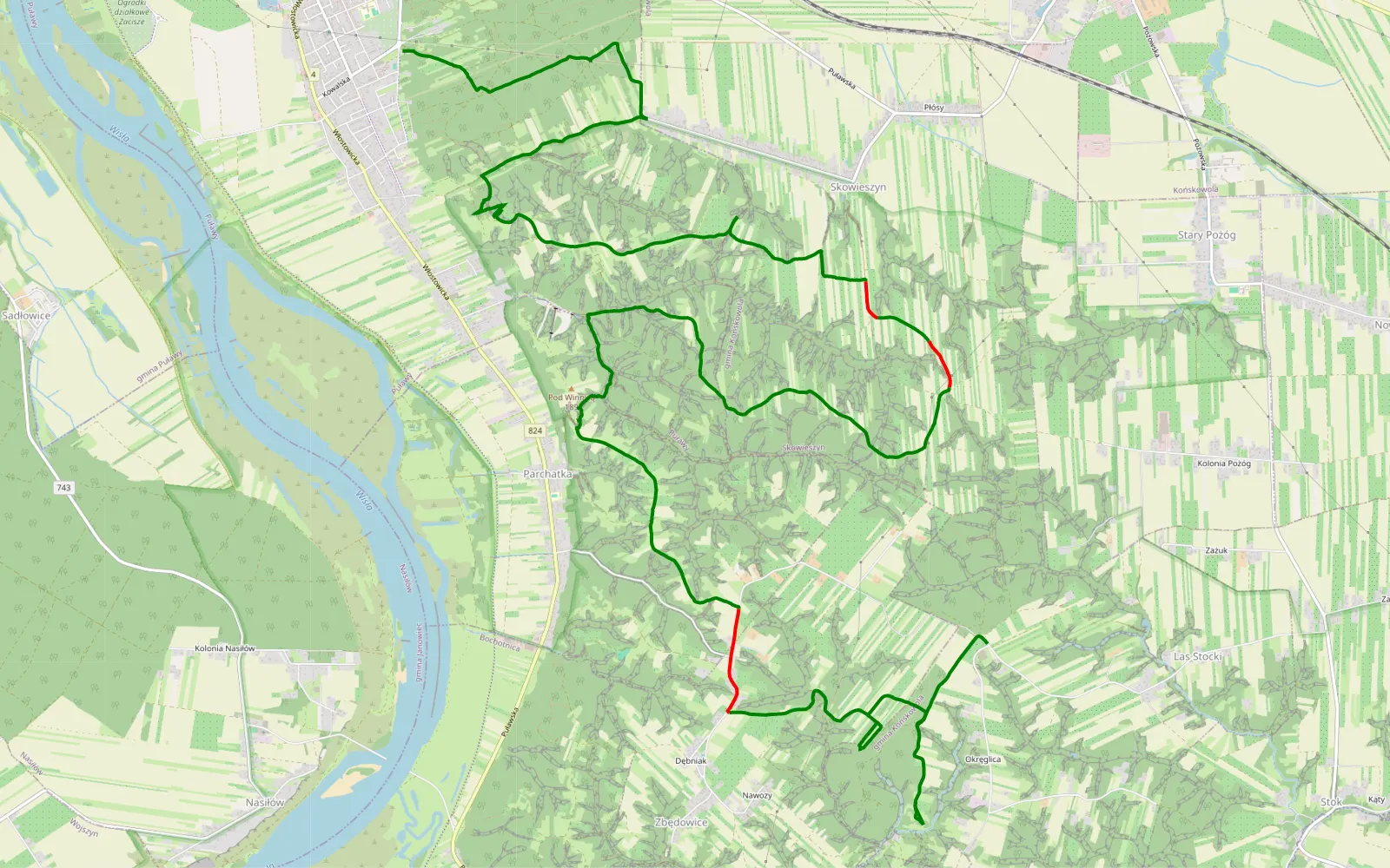 Map of Włostowice - Las Stocki - 22.6 km offroad trail, Puławy County