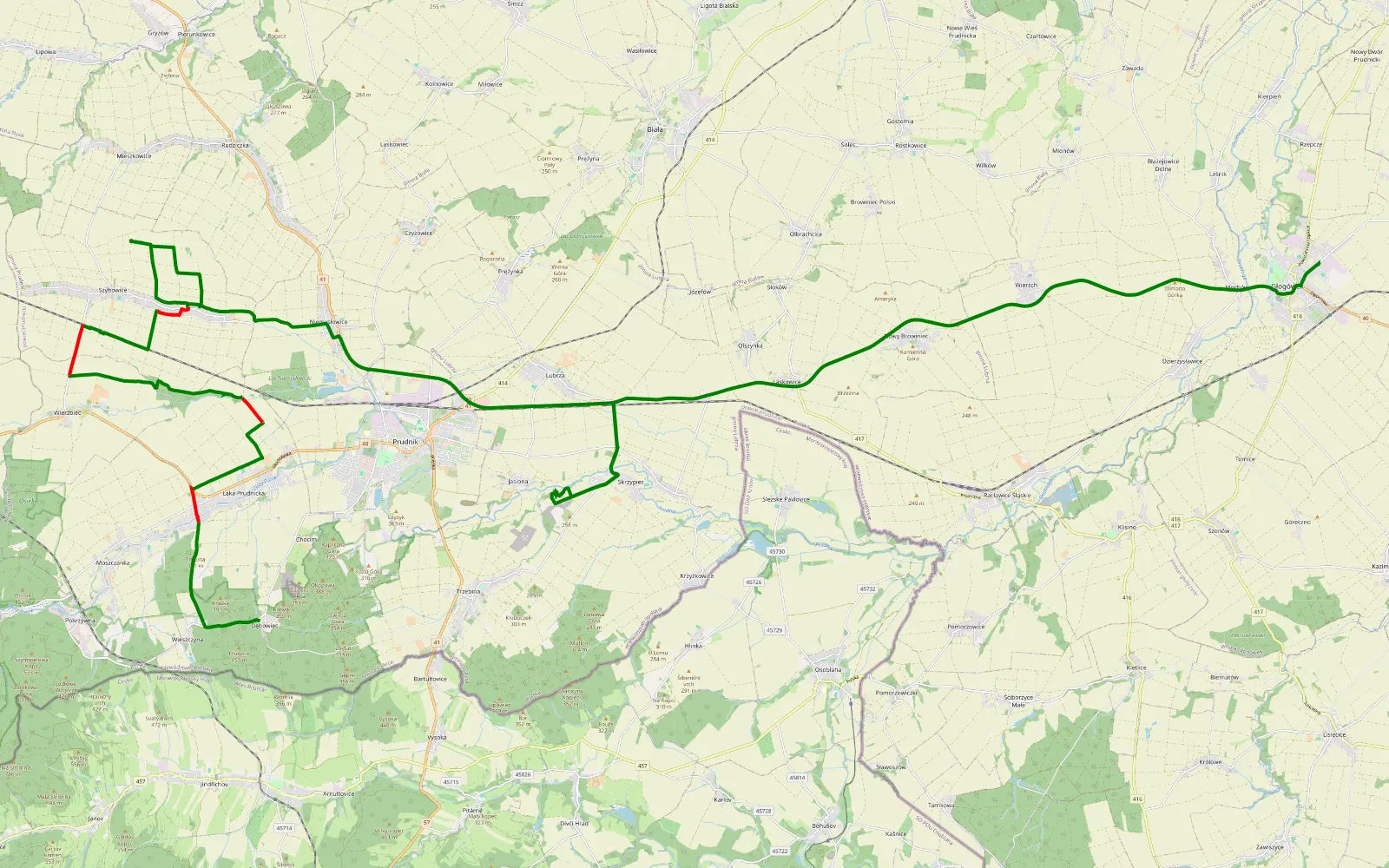 Map of Dębowiec - Głogówek - 23.3 km offroad trail, Prudnik County