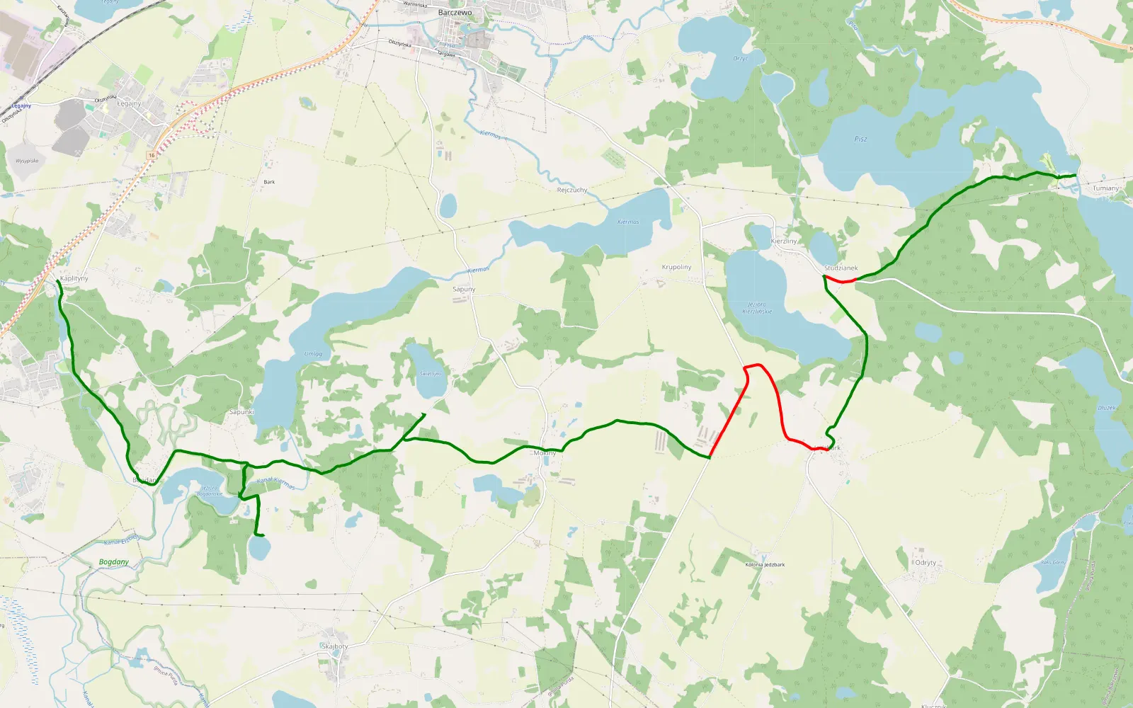 Mapa trasy Kaplityny - Tumiany - 20.9 km trasy offroad, Powiat Olsztyński
